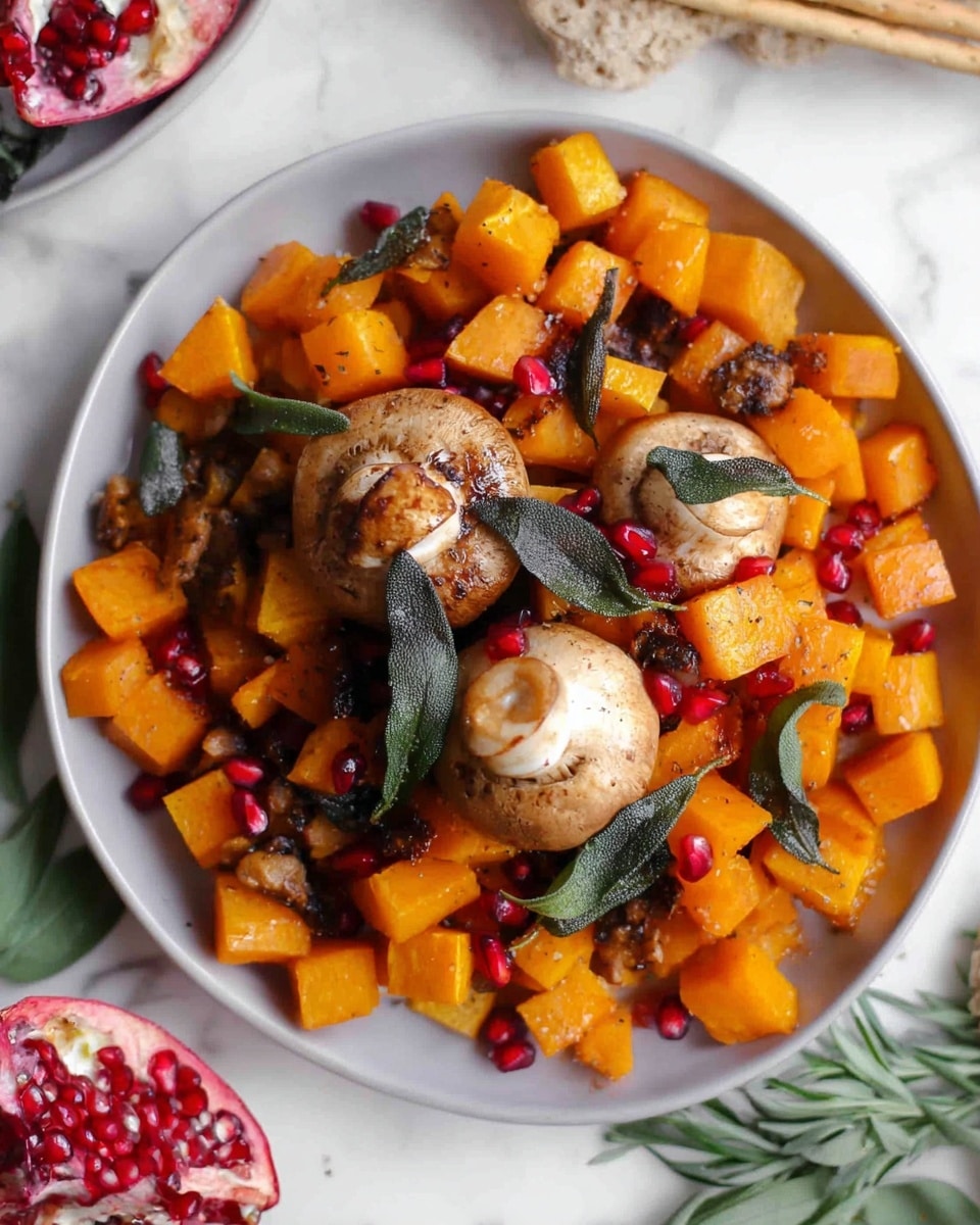 The image shows a white plate filled with small, orange cubed roasted butternut squash evenly spread across the plate. On top, there are two whole baked mushrooms with a light brown, slightly shiny texture. Scattered around and on the mushrooms are bright red pomegranate seeds adding contrast, along with several fried sage leaves that are dark green and slightly wrinkled, arranged on the squash and mushrooms. The plate is set on a white marbled surface with some blurred elements of pomegranate and breadsticks around the edges. Photo taken with an iphone --ar 4:5 --v 7