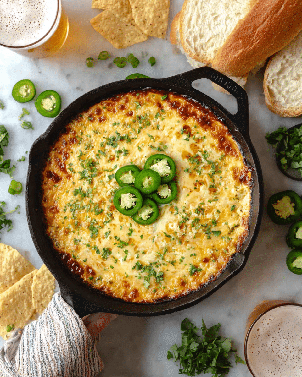 A black cast iron pan holds a baked dish with a golden melted cheese top layer, sprinkled with green chopped herbs and small slices of green onions. The center is decorated with a small pile of sliced green jalapeños. Around the pan, there are fresh jalapeño slices, chopped herbs, two glasses of beer with foam on top, a couple of loaf slices, and some tortilla chips, all placed on a white marbled surface. A woman's hand with a striped cloth sleeve touches the pan handle. photo taken with an iphone --ar 4:5 --v 7