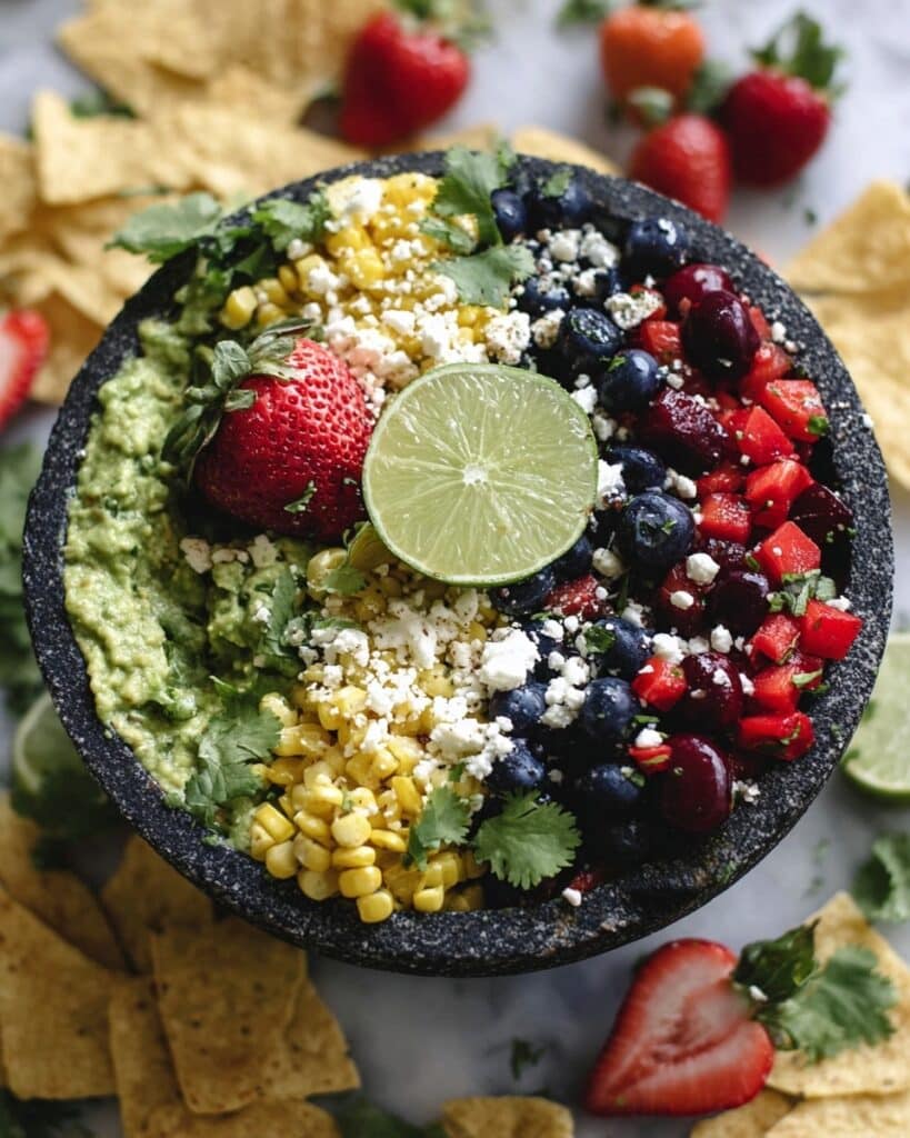 Loaded Summer Guacamole with Grilled Corn, Strawberries, Cherries, Blueberries, and Feta Recipe