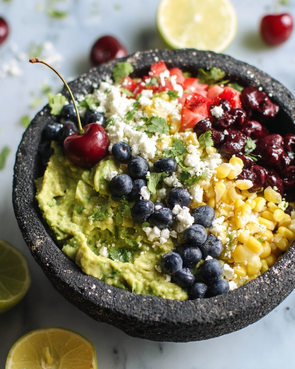 A black stone bowl holds a colorful layered guacamole dish. The bottom layer is chunky green guacamole with a smooth and creamy texture. On top, there are scattered layers of bright yellow corn kernels, small red cherry pieces, and fresh green cilantro leaves sprinkled lightly. Blueberries and dark red chopped cherries are placed on the guacamole, adding vibrant pops of color. White crumbly cheese is spread sparingly over the ingredients. A wedge of lime and a whole cherry sit at the edges of the bowl. The bowl is placed on a white marbled surface with a halved lemon visible in the corner. Photo taken with an iphone --ar 4:5 --v 7