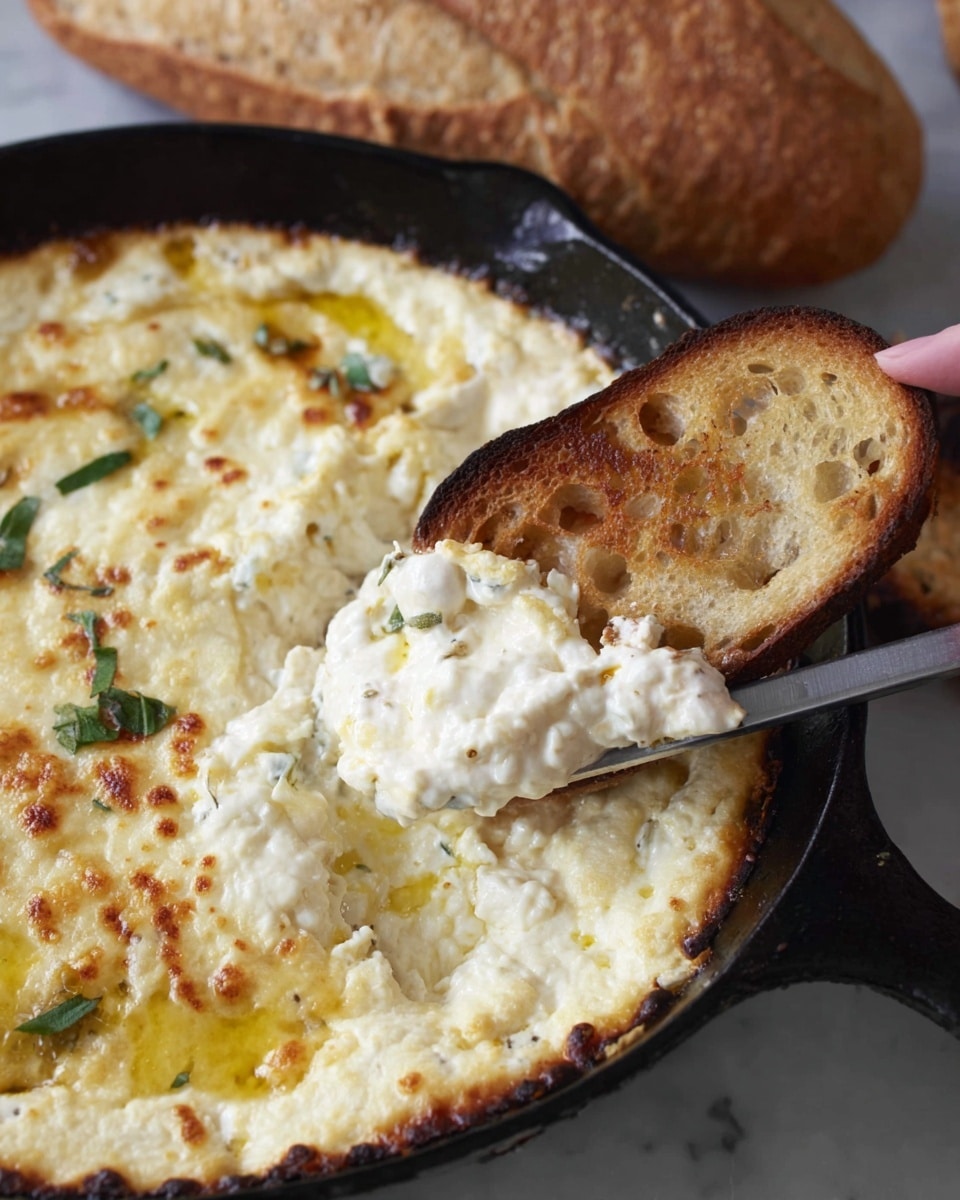 A close-up view of a black cast-iron skillet filled with a creamy white cheese dip that has a slightly browned and bubbly top layer with spots of melted golden cheese and small green herb leaves scattered on the surface. A piece of toasted bread, light brown with visible air pockets, is dipped into the thick, soft cheese, held by a woman's hand. A silver spatula with a wooden handle is also scooping some of the creamy cheese dip. The skillet sits on a white marbled texture background, with an out-of-focus loaf of bread nearby. Photo taken with an iphone --ar 4:5 --v 7