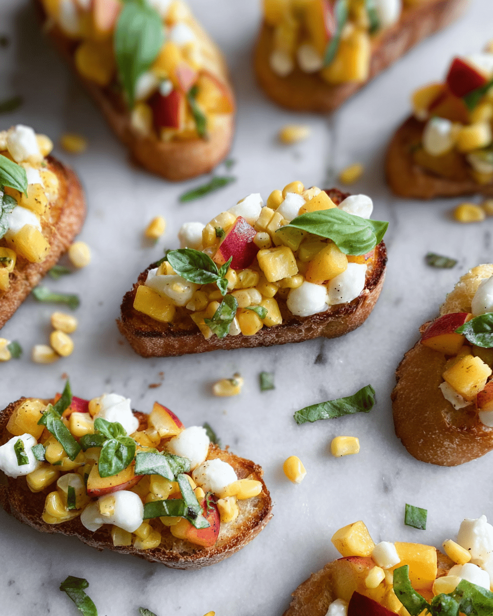 The image shows several pieces of toasted bread topped with layers of sweet corn kernels, small white mozzarella balls, diced red and yellow peaches, and fresh green basil leaves scattered on top. The toasted bread is golden brown with a slightly crunchy texture and forms the base. The corn is bright yellow, adding a juicy and soft layer, while the mozzarella balls provide a smooth white contrast amidst the colorful diced peaches. Fresh green basil leaves are delicately placed on top, adding a touch of color and freshness. The pieces are arranged on a white marbled surface with some corn kernels and basil leaves scattered around. Photo taken with an iphone --ar 4:5 --v 7