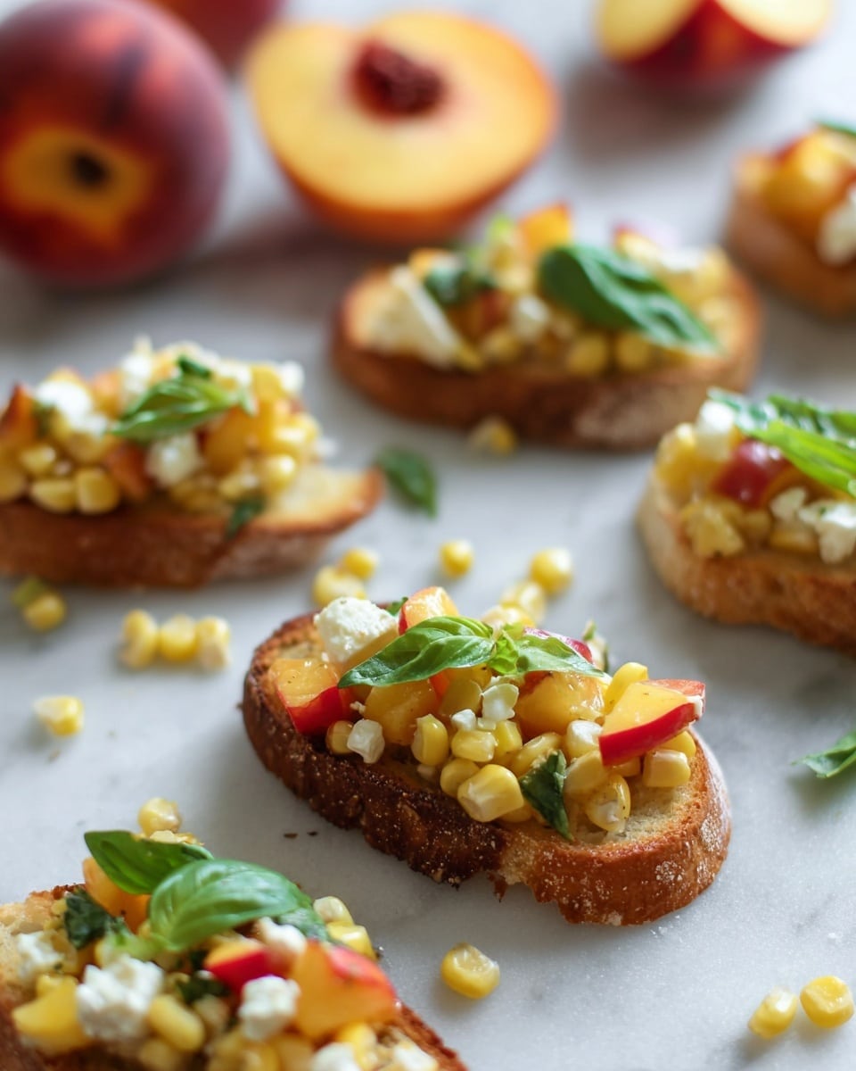The image shows several small slices of toasted bread arranged on a white marbled surface. Each slice is topped with a colorful mix of three layers: the bottom layer is light yellow corn kernels, the middle layer consists of small cubes of red and yellow fruit, and the top layer is scattered pieces of white cheese and fresh green basil leaves. Some corn kernels are scattered around the bread slices, adding a casual touch. In the background, there are halved peaches with bright orange flesh and visible seeds. The scene is bright and fresh, showing vibrant colors and fresh ingredients. photo taken with an iphone --ar 4:5 --v 7