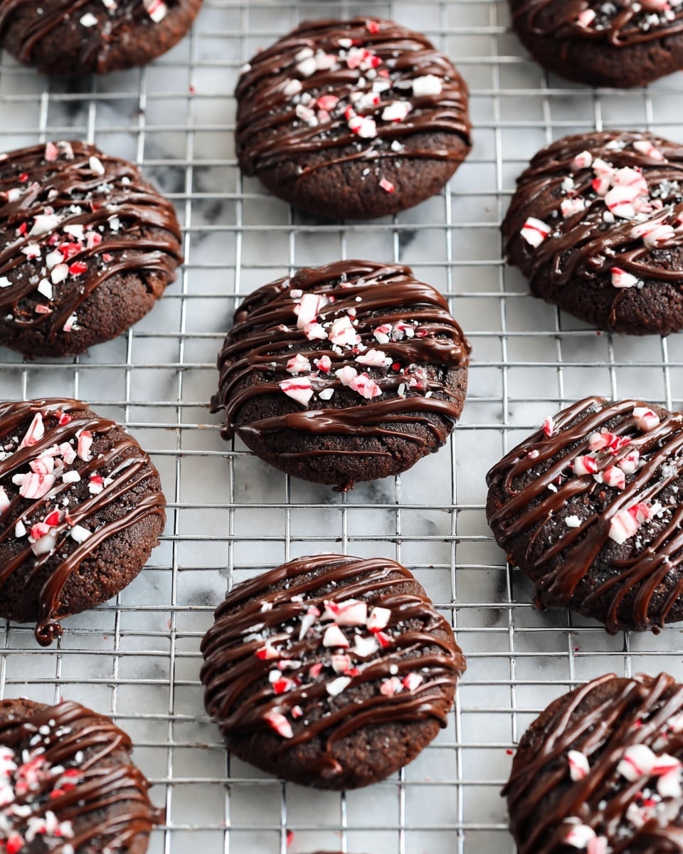 A stack of five dark chocolate cookies is centered on a white marbled surface, each cookie thick and rich looking with a cracked texture. On top of each cookie, there is a drizzle of glossy dark chocolate sauce that shines under the light. Small pieces of white and red crushed peppermint are scattered on and around the cookies, adding a festive touch. To the right of the stack, a single cookie lies flat, also drizzled with chocolate and sprinkled with peppermint. The background is a soft, plain light gray that keeps attention on the cookies. photo taken with an iphone --ar 4:5 --v 7