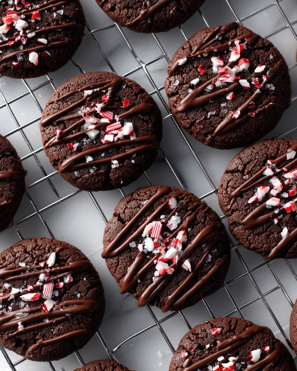 The image shows round dark chocolate cookies placed on a wire cooling rack over a white marbled surface. Each cookie has a rich dark brown color, slightly cracked on top, with a smooth drizzle of shiny dark chocolate across the surface in diagonal lines. Crushed white and red peppermint candy pieces are scattered over the chocolate drizzle, adding contrast and texture. The cookies are evenly spaced in rows, showcasing a uniform size and shape. Photo taken with an iphone --ar 4:5 --v 7