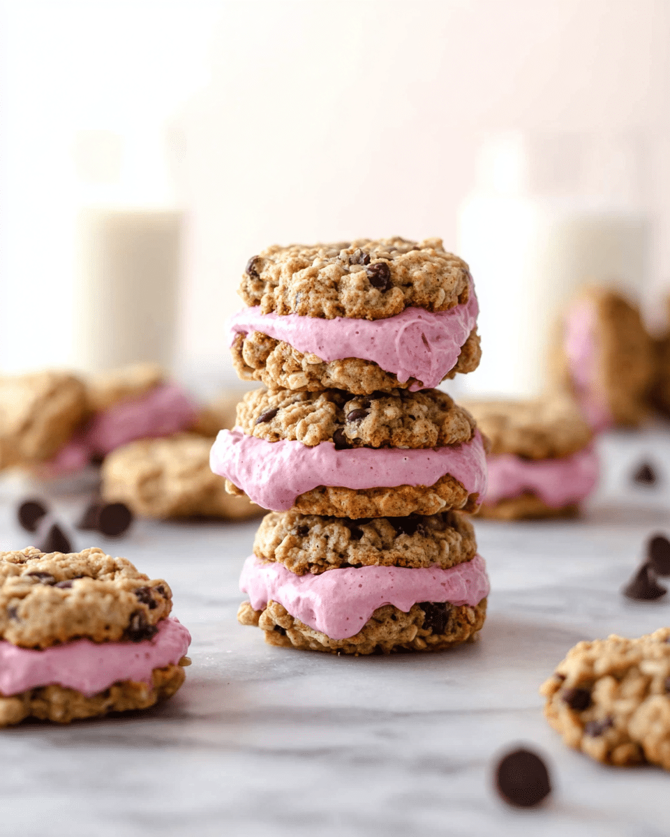The image shows a stack of three oatmeal cookie sandwiches, each with a thick layer of pink cream filling in between two textured, golden-brown cookies speckled with small chocolate chips. In the background, there are more cookie sandwiches scattered around, some stacked and some lying flat. A glass of milk is slightly blurred behind the cookies, and a few loose chocolate chips are scattered on a white marbled surface. The cookies look soft and chunky with a rough texture, and the pink cream is smooth and slightly dripping from the sides. Photo taken with an iphone --ar 4:5 --v 7