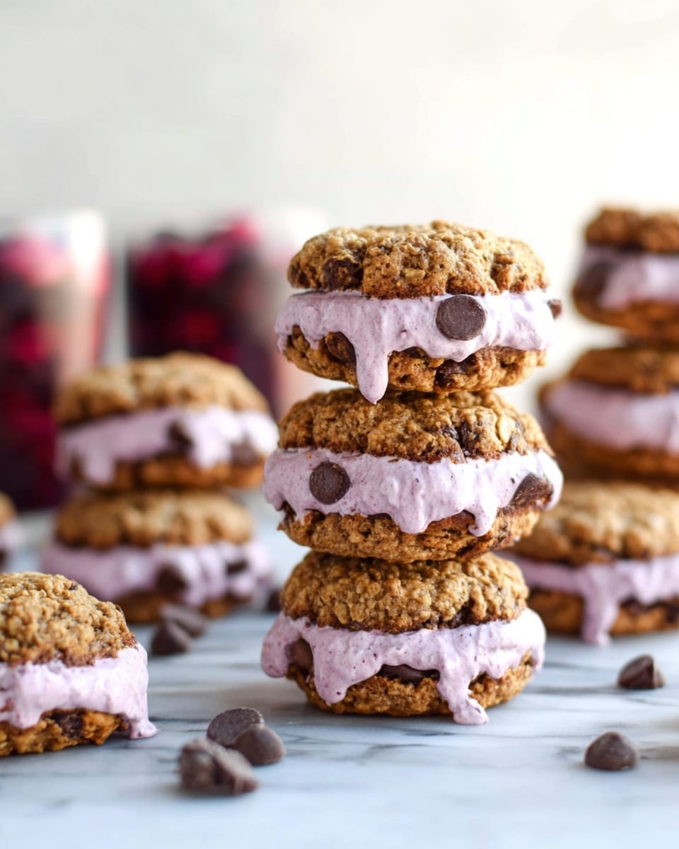 The image shows multiple oatmeal and chocolate chip cookie sandwiches stacked in small towers on a white marbled surface. Each sandwich has two golden brown, textured cookies filled with a thick layer of light purple creamy filling that is slightly melting and dripping from the sides. The cookie sandwiches have a rough, chunky texture with visible oats and chocolate chips. In the background, there is a blurred glass filled with dark red and purple berries. A few chocolate chips are scattered on the white marbled surface around the cookie stacks. Photo taken with an iphone --ar 4:5 --v 7
