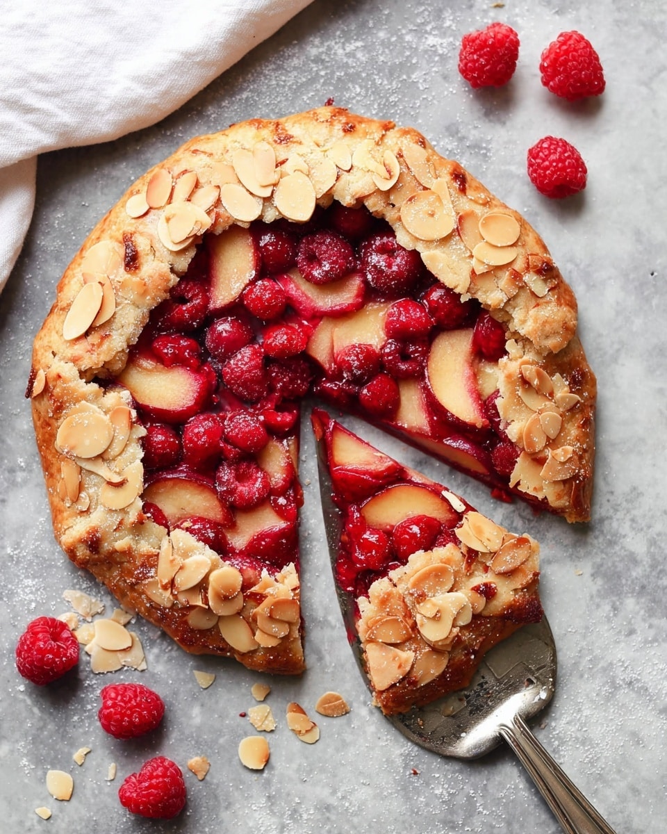 A round galette with a golden-brown crust topped with toasted almond slices that wrap around the edges, filled in the center with a mix of bright red raspberries and soft slices of plum showing a gradient of red to yellow hues, with one slice cut and placed slightly away to the side on a silver pie server, all placed on a white marbled texture surface with a white cloth and extra raspberries nearby. photo taken with an iphone --ar 4:5 --v 7