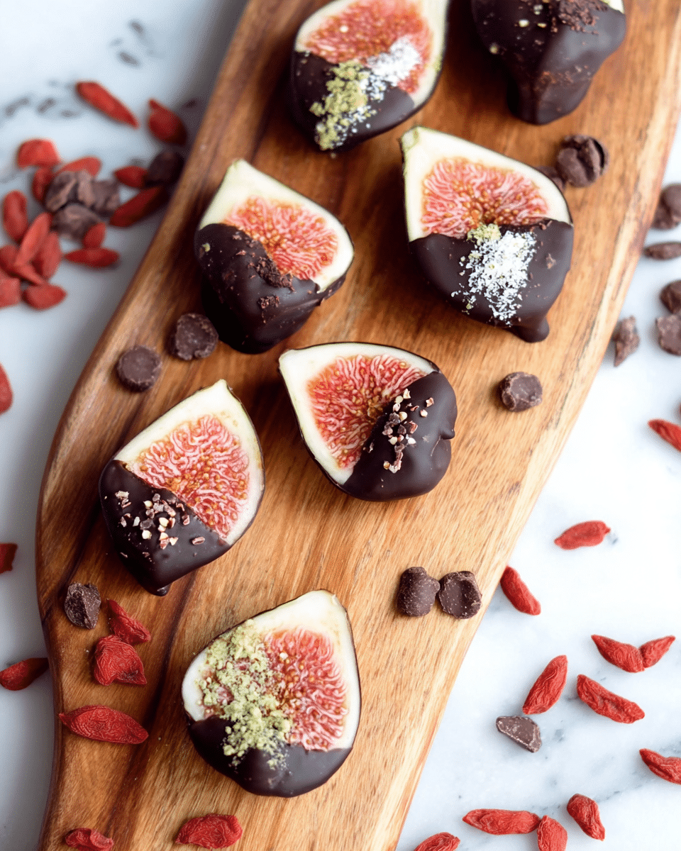 A wooden board with a smooth, natural wood grain texture is topped with several fig halves, each dipped halfway in dark chocolate. Each fig half shows a bright pinkish-orange inside with small seeds, and the chocolate-covered parts are decorated with different toppings: some have red goji berries, others feature tiny white chia seeds, light green matcha powder, or small pale nut pieces. The board is surrounded by scattered dried goji berries and cacao nibs on a white marbled surface, creating a clean and fresh background. photo taken with an iphone --ar 4:5 --v 7