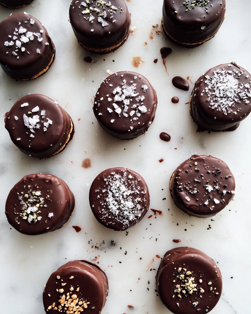 The image shows small round chocolate-covered treats placed on crumpled brown paper on a light wooden surface, each piece topped with different sprinkles like white seeds or small green bits. One piece in the foreground has a bite taken out, revealing three layers inside: a dark chocolate outer coating, a thin light cream layer under the chocolate, a soft beige middle layer, and another cream layer at the bottom. The background is plain and softly lit, highlighting the treats in focus. photo taken with an iphone --ar 4:5 --v 7