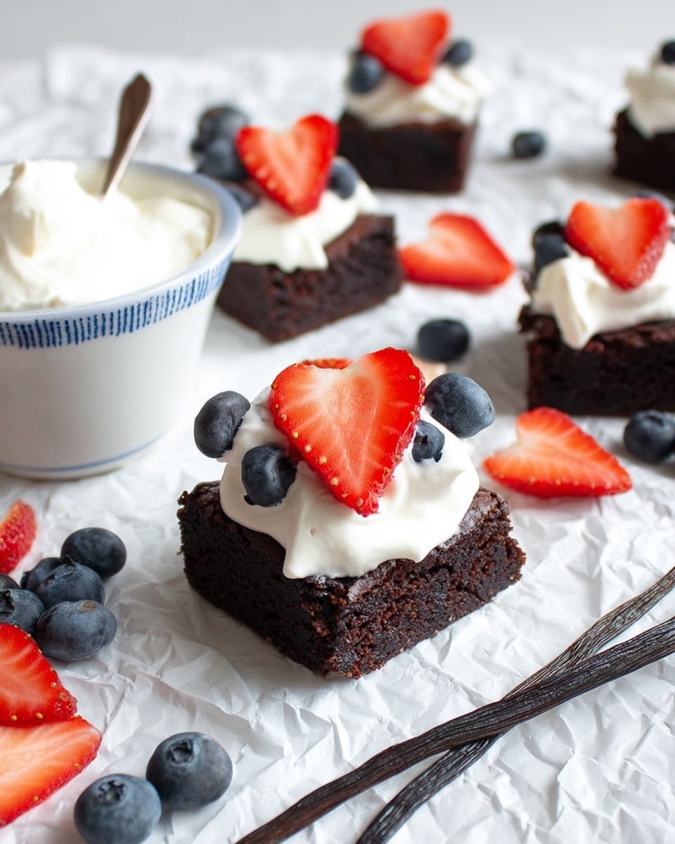 The image shows several dark brown, moist brownie squares arranged on a surface with a white marbled texture. Each brownie has a layer of white cream on top, with some topped with fresh red strawberry slices and whole dark blue blueberries. In the center, there is a stack of three brownie pieces with cream and fruit on the top piece, creating a tall, layered look. Fresh strawberries and scattered blueberries lie around the brownies, adding bright red and blue colors to the scene. Photo taken with an iphone --ar 4:5 --v 7