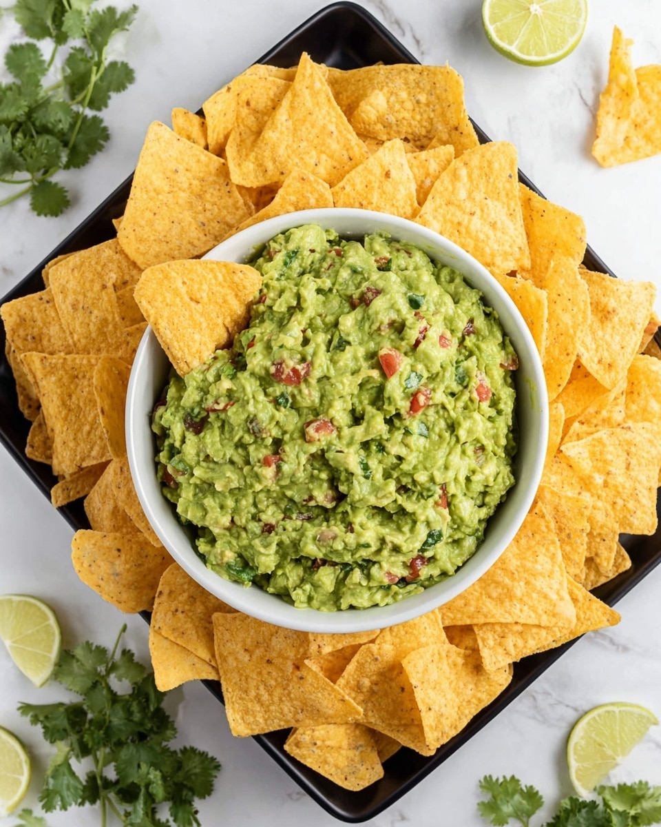 A white bowl filled with chunky green guacamole mixed with small pieces of red tomato and green herbs, placed in the center of a black tray. The bowl is surrounded by a single layer of yellow corn tortilla chips, some overlapping each other and some standing upright, with one chip dipped slightly into the guacamole. Fresh green cilantro and halved lime wedges rest on a white marbled surface around the tray, creating a fresh and inviting scene. photo taken with an iphone --ar 4:5 --v 7