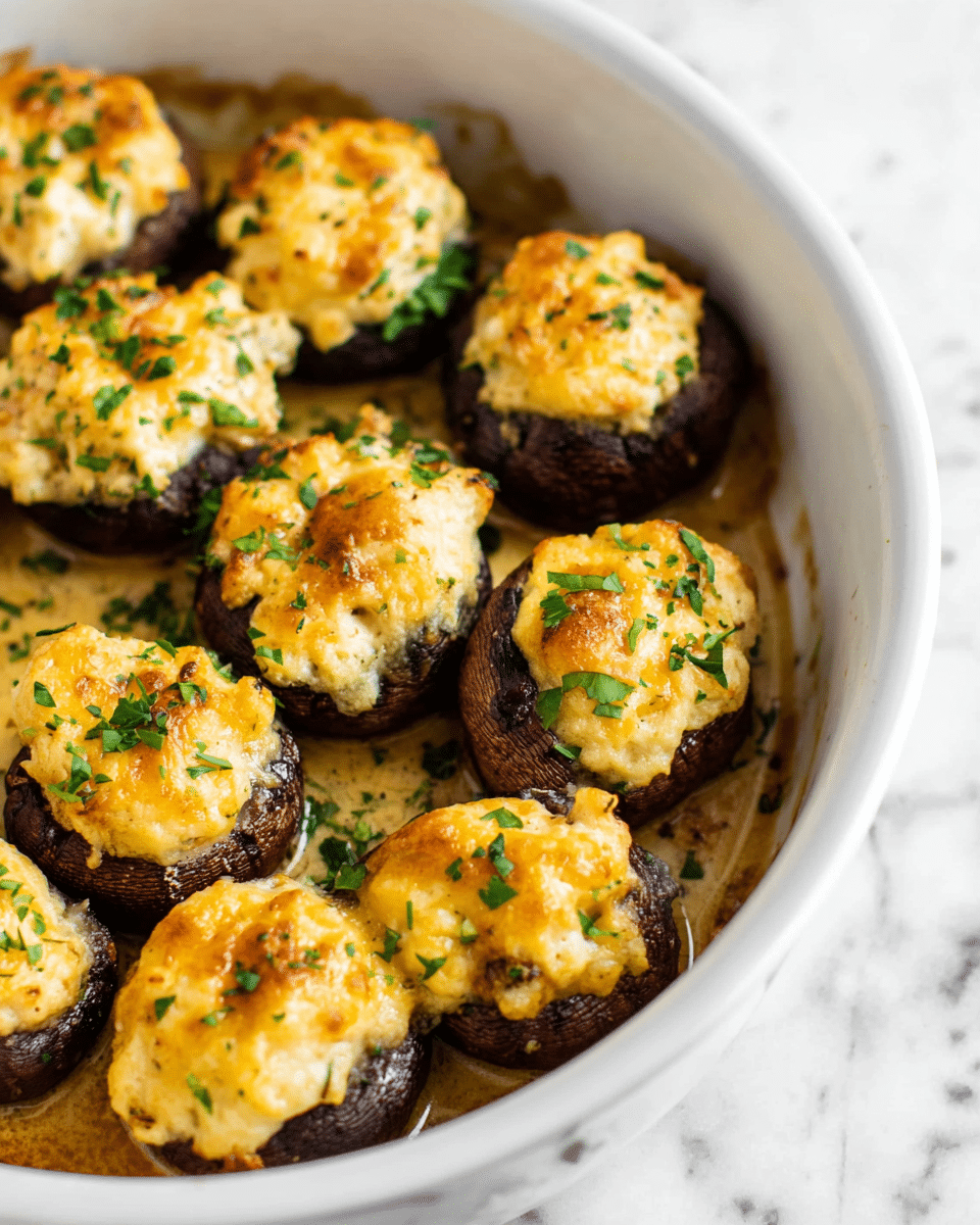 Three stuffed mushrooms sit on a white plate over a white marbled surface. Each mushroom has two layers: the bottom layer is the dark brown mushroom cap with a rough, textured surface, and the top layer is a fluffy, slightly browned creamy white cheese mixture that looks soft and light, garnished with small green herb pieces. The mushrooms are spaced out evenly, with the front mushroom in clear focus and the other two slightly blurred in the background. Photo taken with an iphone --ar 4:5 --v 7