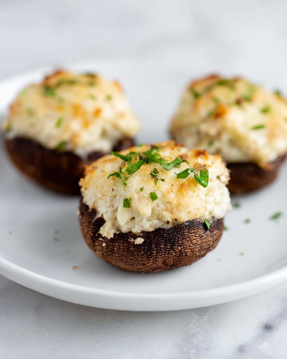 A white round baking dish contains several stuffed mushrooms arranged closely together, each with a dark brown mushroom base topped with a fluffy, golden-brown creamy cheese mixture, slightly browned on top. The cheese topping looks soft and slightly textured with specks of light yellow and hints of herbs. Small pieces of chopped green parsley are sprinkled over the mushrooms, adding a fresh color contrast. The bottom of the dish shows some light brown cooking juices, and the dish sits on a white marbled surface. photo taken with an iphone --ar 4:5 --v 7