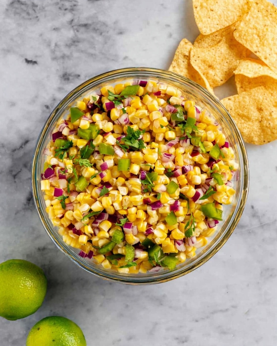 A clear glass bowl filled with a colorful corn salad showing three main layers: bright yellow corn kernels forming the base, scattered chopped green bell pepper pieces adding a fresh green color, and small bits of purple-red onion spread evenly throughout. Garnished with small green herb leaves, the bowl is placed on a white marbled surface. To the left of the bowl, there are two halves of bright green lime, and to the right, a few pale yellow tortilla chips lie beside the bowl. photo taken with an iphone --ar 4:5 --v 7