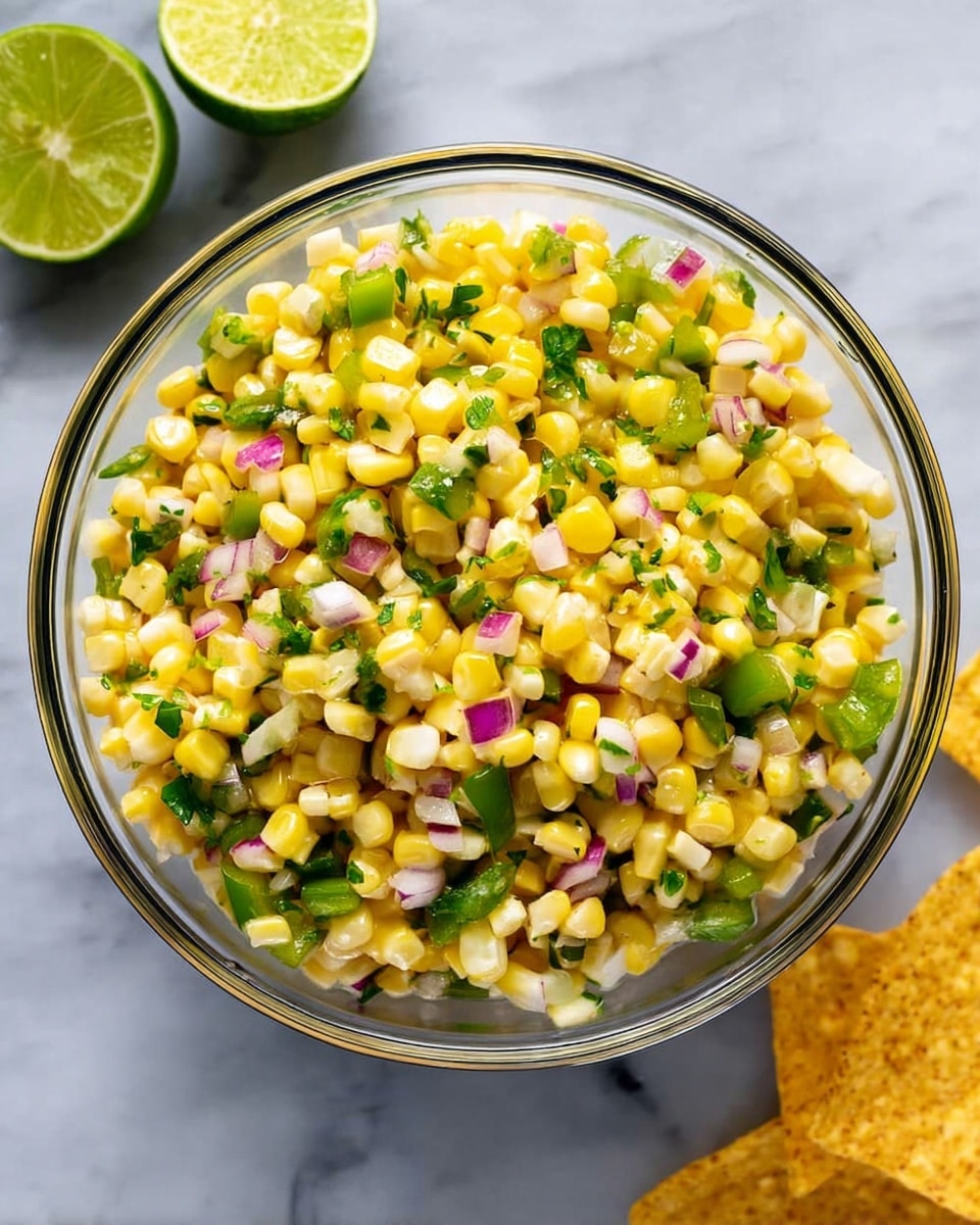 A clear glass bowl filled with a colorful corn salad consisting of yellow corn kernels, small pieces of green bell pepper, chopped red onion, and bits of green herbs mixed evenly throughout. The bowl sits on a white marbled surface, with two lime halves placed in the top left corner and a few yellow tortilla chips visible at the bottom right. The yellow corn and green vegetables create a fresh and vibrant look against the clear bowl and white marbled background. Photo taken with an iphone --ar 4:5 --v 7
