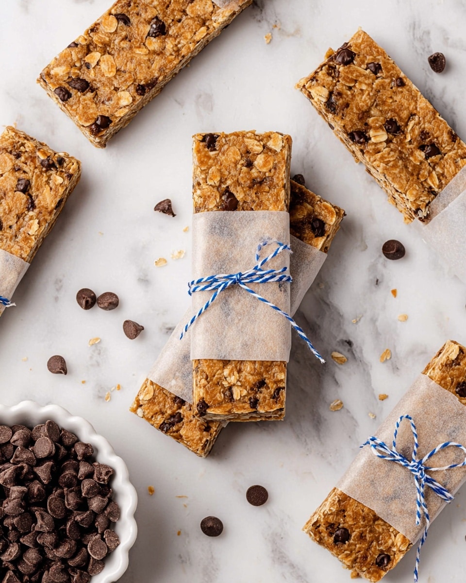The image shows several rectangular granola bars with a rough, textured surface made of oats, nuts, and chocolate chips in light brown color. Some bars are fully wrapped in semi-transparent parchment paper tied with a blue and white string around the middle, while others are unwrapped, displaying their uneven chunky texture. Small loose chocolate chips are scattered around the bars on a white marbled surface. In the lower left corner, part of a white scalloped bowl filled with chocolate chips is visible. photo taken with an iphone --ar 4:5 --v 7
