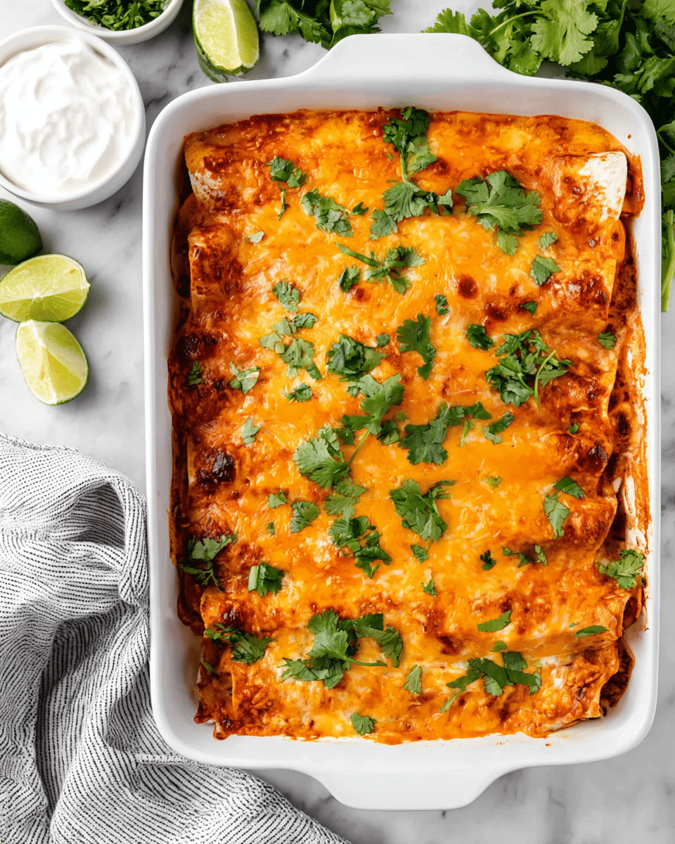 The image shows a white plate with one enchilada topped with melted orange cheese and chopped green cilantro as the first layer, a dollop of white sour cream on top as the second layer, and a browned, slightly crispy edge layer. To the right of the enchilada, there are thin slices of bright green avocado and light green lime wedges placed side by side. Fresh green cilantro leaves garnish the left side of the plate. A silver fork is placed at the bottom of the plate, touching the enchilada. Around the plate, there are green limes, sliced lime wedges in a small white bowl, fresh cilantro in another white bowl, a bowl with white sour cream, and a sliced avocado in a white dish, all set on a white marbled surface. Part of a white baking dish filled with more cheesy, cilantro-topped enchiladas is visible at the top left corner, while a white and black striped cloth is draped near it. Photo taken with an iphone --ar 4:5 --v 7