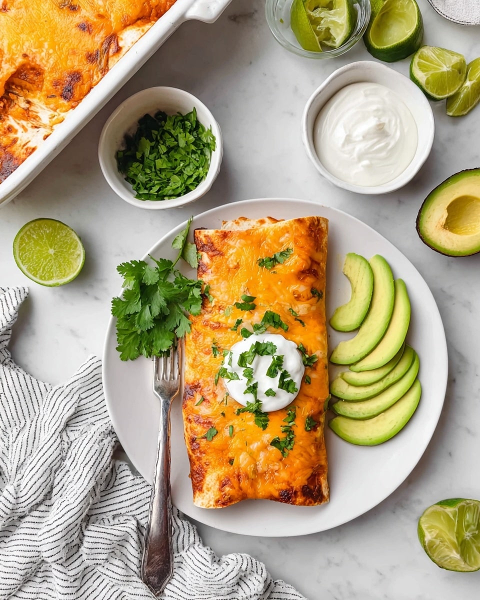 A white baking dish filled with a baked enchilada dish showing a golden-orange melted cheese layer on top, slightly browned at the edges, with fresh green cilantro leaves scattered across the surface. Underneath the cheese layer, folded tortillas are visible around the edges, holding the filling inside. Around the dish, on a white marbled surface, there are bowls of sour cream and fresh cilantro leaves, as well as whole and cut limes. A white and black striped cloth is partially seen beside the dish. photo taken with an iphone --ar 4:5 --v 7