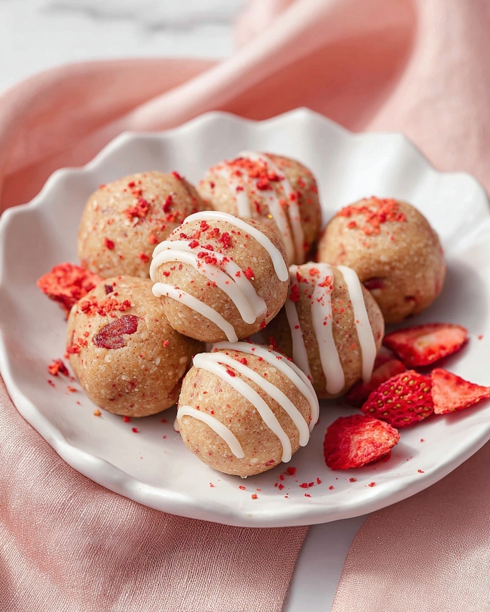 The image shows a white scalloped plate holding several round energy balls. Each ball has a light brown color with tiny red specks inside. Some of the balls have white icing drizzled over the top in neat lines, and these are sprinkled with small red crumbs. Around the balls on the plate are pieces of bright red dried strawberries adding extra color. The plate sits on a soft pink fabric and a white marbled surface. photo taken with an iphone --ar 4:5 --v 7