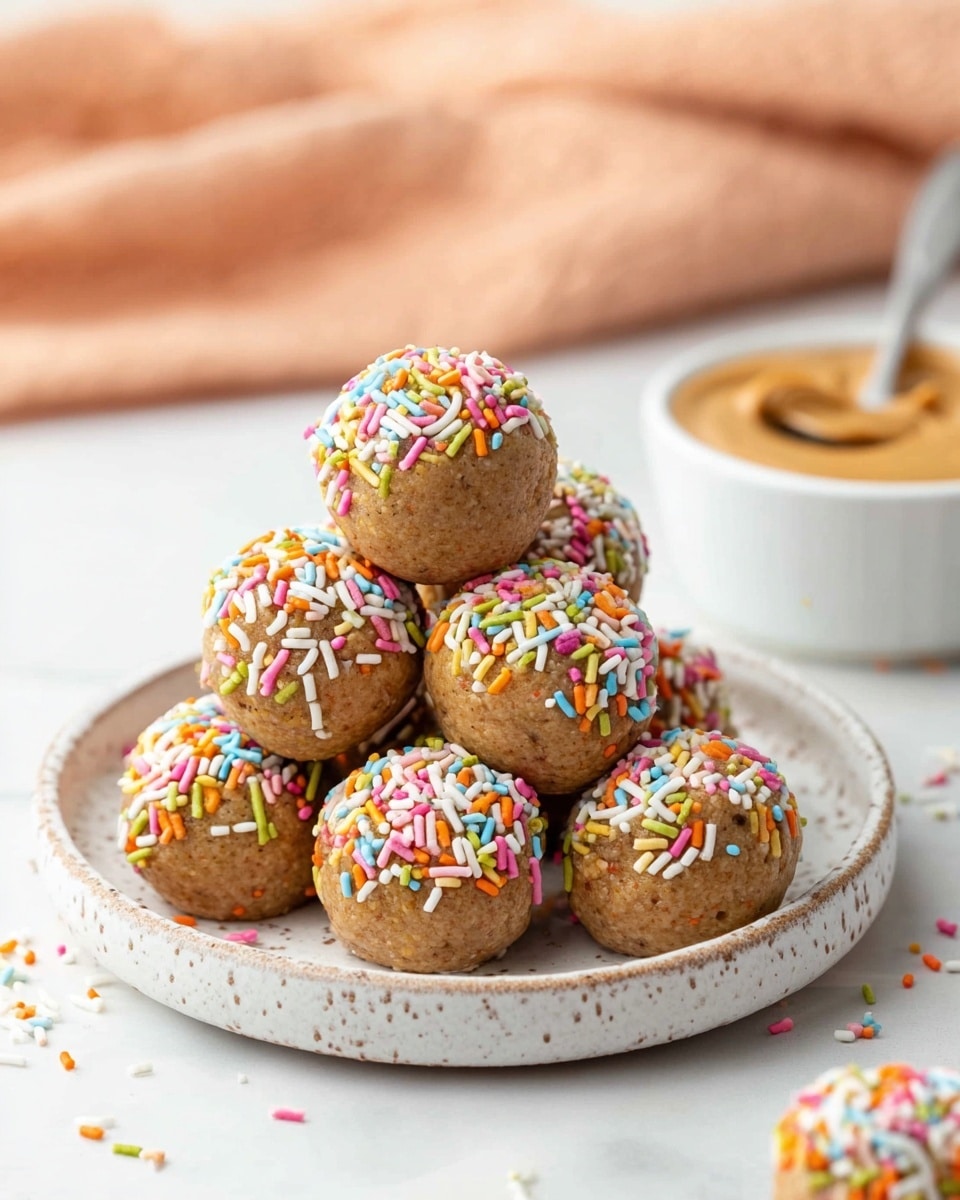 A stack of seven round peanut butter balls with a light brown, slightly textured base are on a white ceramic plate with a speckled, rustic design. Each ball is partially covered on the top with colorful rainbow sprinkles in pastel shades including pink, orange, yellow, green, blue, and white, giving a festive look. The balls are piled in layers, four balls at the bottom, two in the middle, and one balanced on top. There are scattered sprinkles on the white marbled surface around the plate. In the background, slightly out of focus, a white bowl contains a creamy peanut butter mixture with a spoon inside. A soft peach-colored cloth adds warmth to the scene. photo taken with an iphone --ar 4:5 --v 7