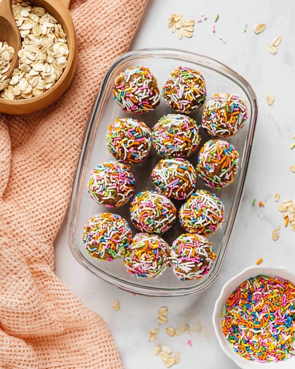 A clear glass dish holds fifteen round, smooth brown treats topped with a thick layer of colorful sprinkles in pink, green, white, blue, orange, and yellow. The treats are tightly packed in three rows of five on a white marbled surface. Around the dish, scattered oat flakes and a glass bowl filled with oats and a wooden spoon are visible above, while a peach-colored textured cloth lies beneath and to the right, near a small white dish filled with more multicolored sprinkles. Photo taken with an iphone --ar 4:5 --v 7