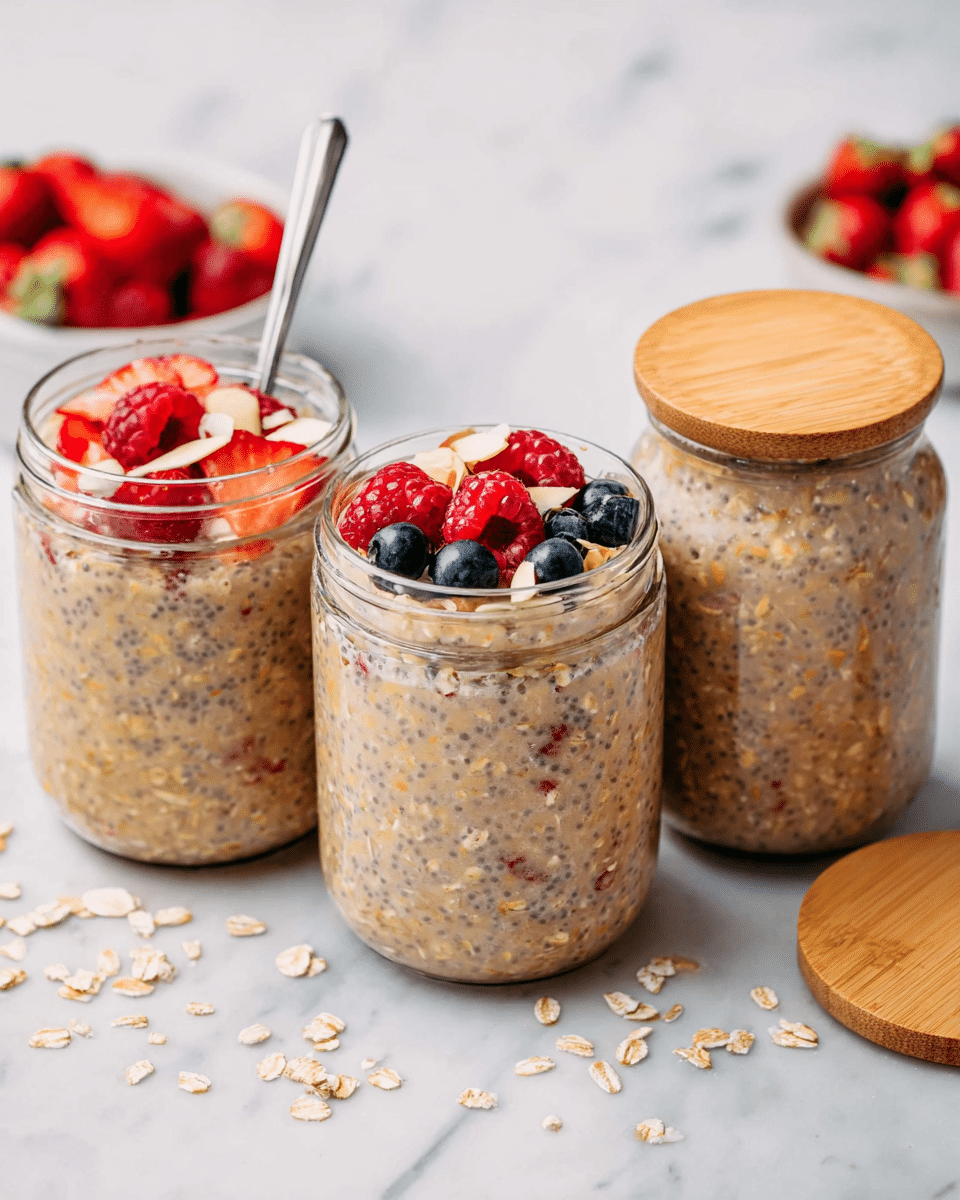 Three clear glass jars are filled with a creamy mixture of oats and chia seeds, light brown with visible chia dots and oat pieces. The two jars on the left are open and topped with bright red raspberries, sliced strawberries with red skin and white inside, and dark blue blueberries, with thin pale almond slices scattered on top. The left jar has a metal spoon sticking out. The jar on the right is closed with a light wooden lid. They are placed on a white marbled surface with scattered oats and chia seeds around. A white bowl of strawberries is blurred in the background. Photo taken with an iphone --ar 4:5 --v 7