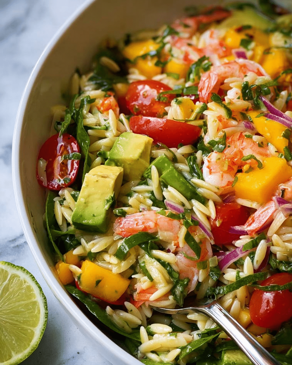 This is a close-up of a colorful salad in a white bowl, placed on a white marbled surface. The salad has several layers: the base is made of small orzo pasta grains, mixed with bright green spinach leaves. On top, there are vibrant chunks of orange mango and green avocado pieces, scattered with juicy red cherry tomatoes and small shrimp pieces with white and pink stripes. Thin slices of purple-red onion add a sharp color contrast, and fresh herbs are sprinkled throughout. A slice of lime is visible at the lower left corner, adding a fresh touch. The textures vary from soft avocado and shrimp to firm tomatoes and crunchy onion. A silver spoon is partly inside the bowl. Photo taken with an iphone --ar 4:5 --v 7