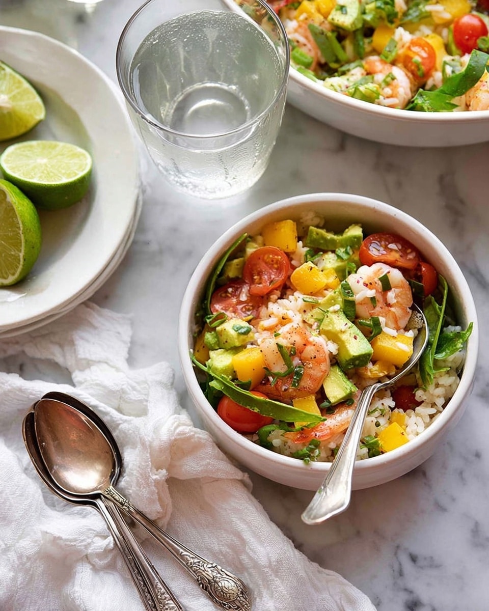 A close-up of a white bowl filled with a colorful shrimp salad. The salad has three main layers: at the bottom, small white rice grains; on top are bright pink shrimp pieces mixed with yellow mango chunks and green avocado cubes; scattered green leaves and halved cherry tomatoes add a fresh touch on top. A silver spoon rests inside the bowl, its handle leaning out. Nearby, there is a white plate with two ornate silver spoons stacked on it, half a lime cut into one whole and one slice sits on a white cloth, and a glass of clear water is seen on a white marbled surface. In the background, there is a larger white bowl with more of the same salad. photo taken with an iphone --ar 4:5 --v 7