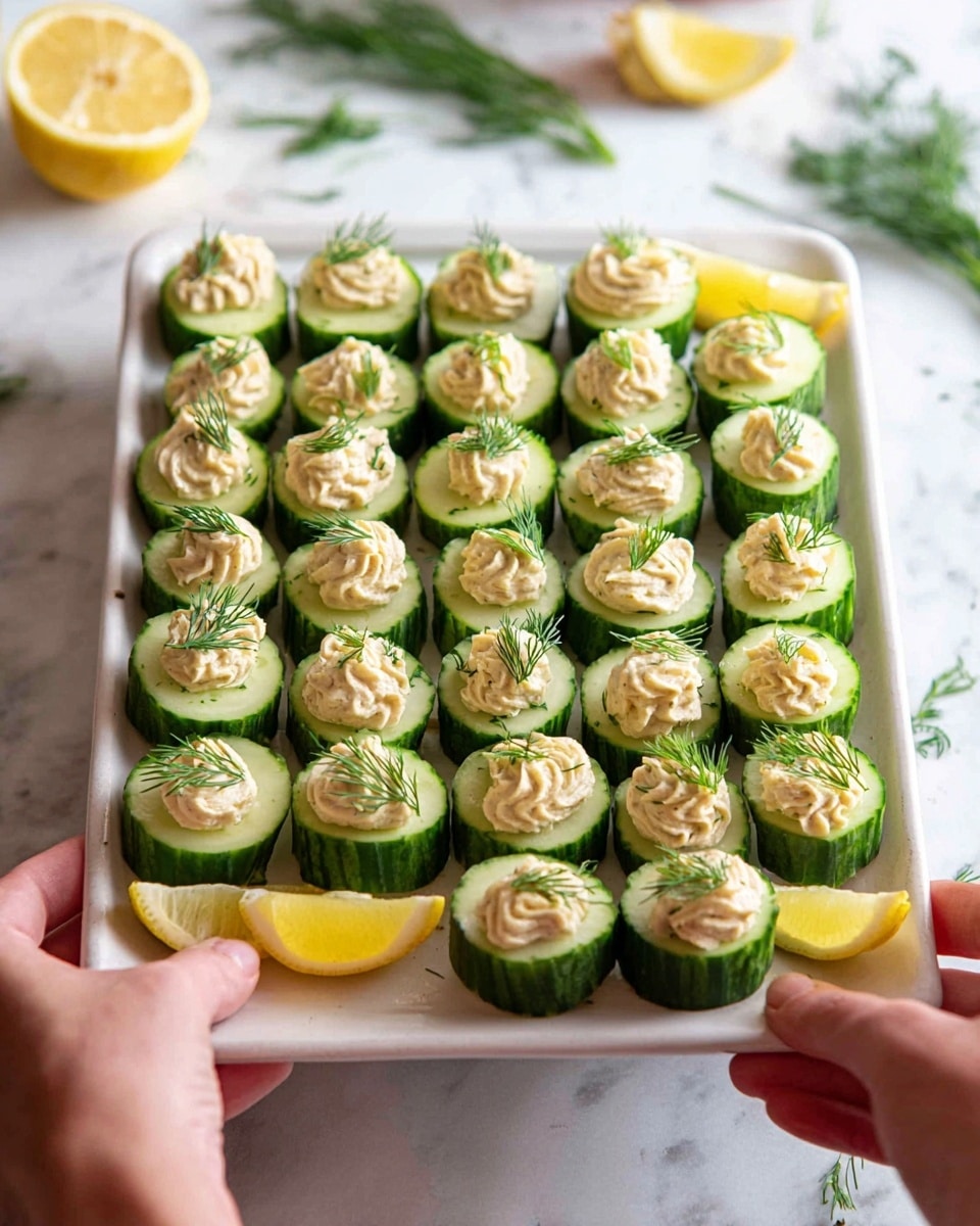 A white rectangular tray holds many cucumber rounds arranged closely together. Each cucumber piece is hollowed out and filled with a creamy beige topping that has a soft, piped texture, slightly swirled on top. A small sprig of fresh green dill sits on each topping, adding a touch of color. Between the rows of cucumber rounds, there are small wedges of bright yellow lemon. The tray is held by two woman's hands at the edges. The background shows a white marbled surface with scattered sprigs of dill and a halved lemon. photo taken with an iphone --ar 4:5 --v 7