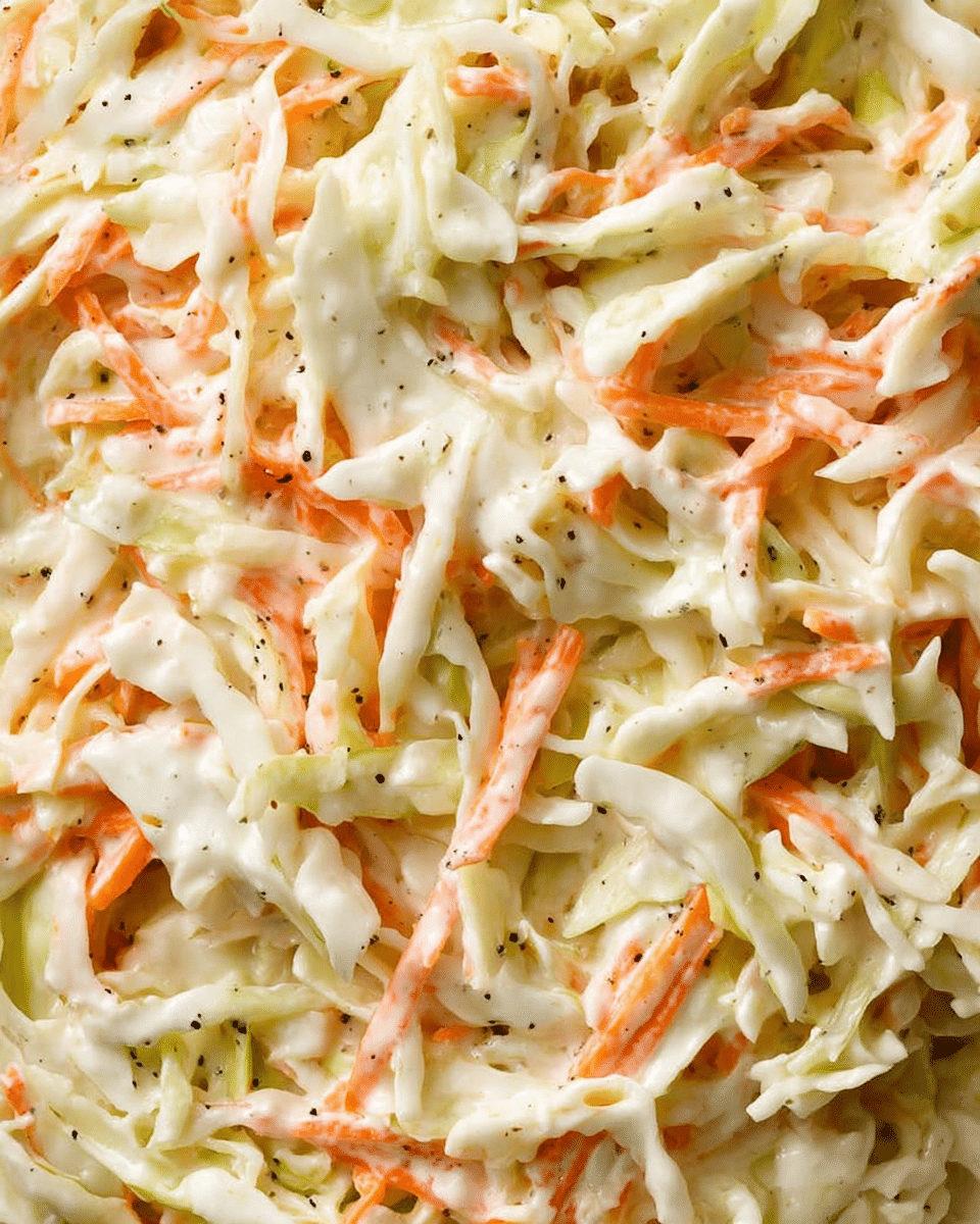 The image shows a close-up view of a creamy coleslaw made of thinly shredded pale green cabbage and bright orange carrot strips mixed together evenly. The dressing coats the vegetables lightly with a smooth and slightly glossy white texture, with small specks of black pepper scattered throughout. The coleslaw has a fresh, crunchy look with a soft creamy finish, filling the entire frame, set against a white marbled texture. photo taken with an iphone --ar 4:5 --v 7