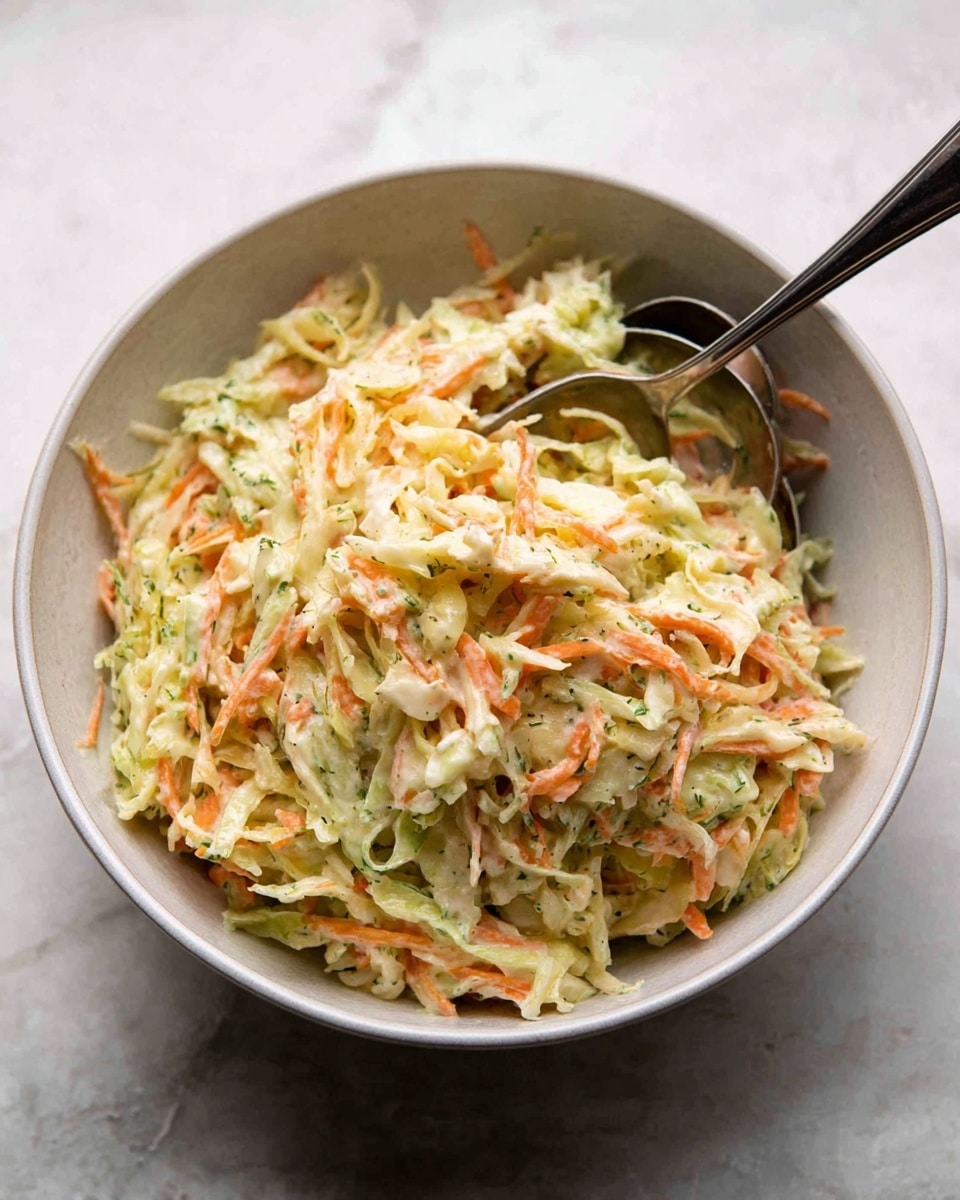 A bowl filled with a mixed salad made of thinly shredded pale green cabbage and light orange carrots, both coated in a creamy white dressing. The shredded layers are spread unevenly but densely inside the white bowl, creating a textured, soft heap. Two silver spoons are placed inside the bowl, one partly buried in the salad and the other resting on the side. The bowl sits on a white marbled surface that softly reflects light. photo taken with an iphone --ar 4:5 --v 7