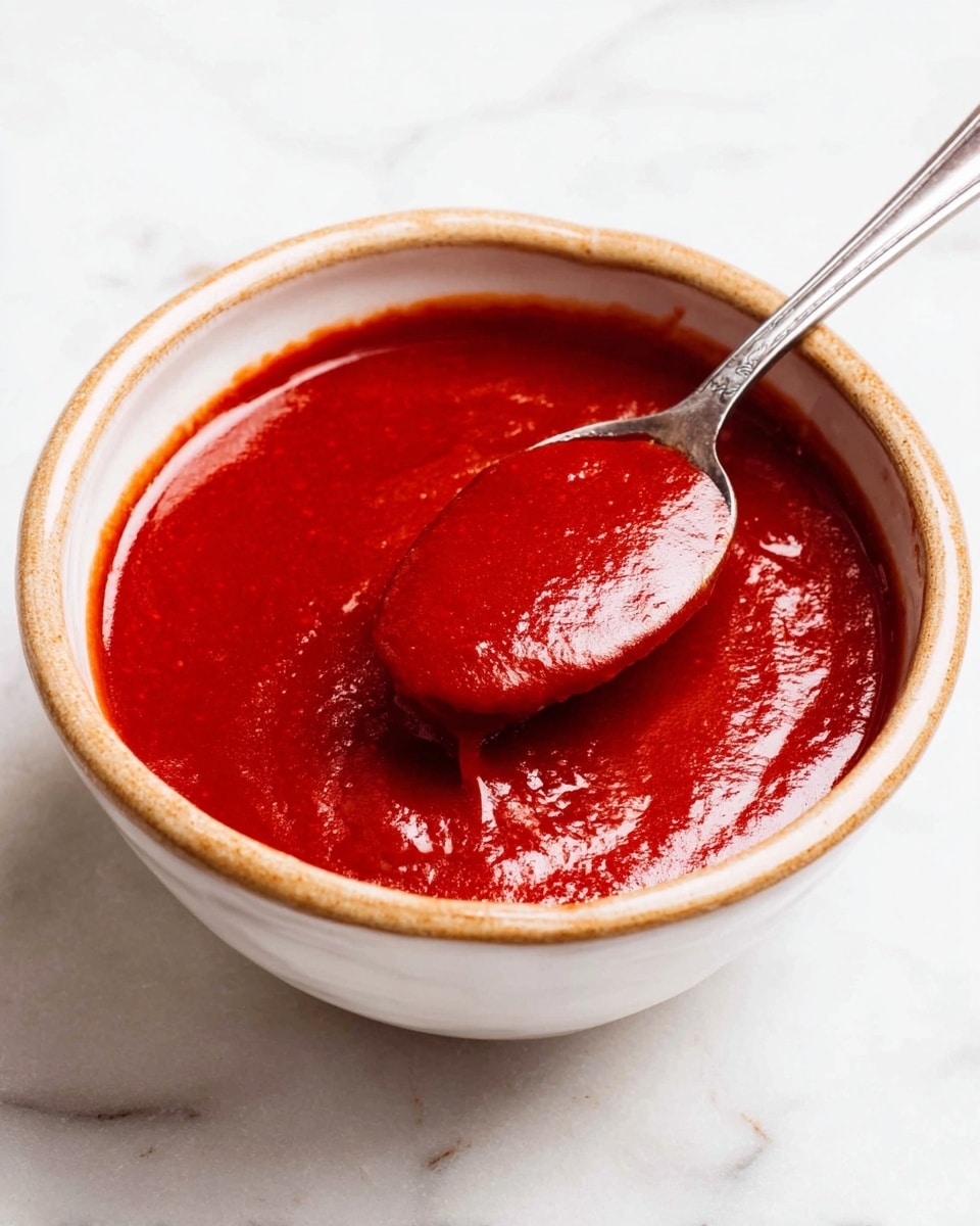 A close-up image shows a white bowl with a light brown rim filled with smooth, thick red sauce. A silver spoon dips into the sauce, coated evenly with the vibrant red color. The bowl sits on a white marbled surface, and the rich texture of the sauce is shiny and slightly glossy. Photo taken with an iphone --ar 4:5 --v 7
