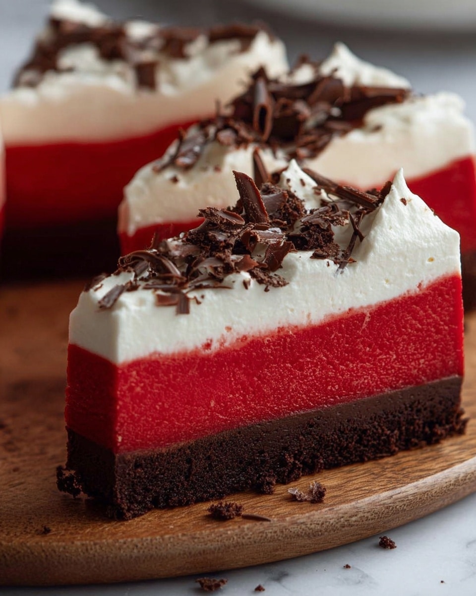 The image shows a close-up of a dessert with three distinct layers. The bottom layer is dark brown, dense, and crumbly like a chocolate cookie crust. Above that is a thick, smooth, and bright red layer that looks creamy and firm. The top layer is white, fluffy whipped cream spread in soft peaks, sprinkled with thin, curly dark chocolate shavings. The dessert slices are arranged on a wooden board, with some chocolate crumbs scattered around. The background is a white marbled texture. photo taken with an iphone --ar 4:5 --v 7