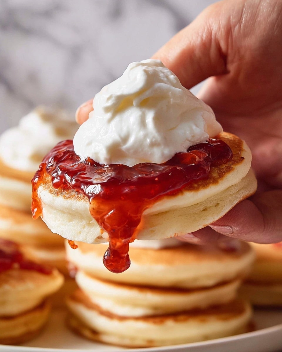 A close-up view shows a small stack of light golden brown pancakes with smooth, fluffy texture. On top, a single pancake is held by a woman's hand, topped with a thick layer of shiny, deep red jam that is dripping slightly down the sides. Above the jam, there is a generous dollop of smooth, white whipped cream with soft peaks. The background is a white marbled texture, enhancing the warm and cozy feel of the scene. photo taken with an iphone --ar 4:5 --v 7