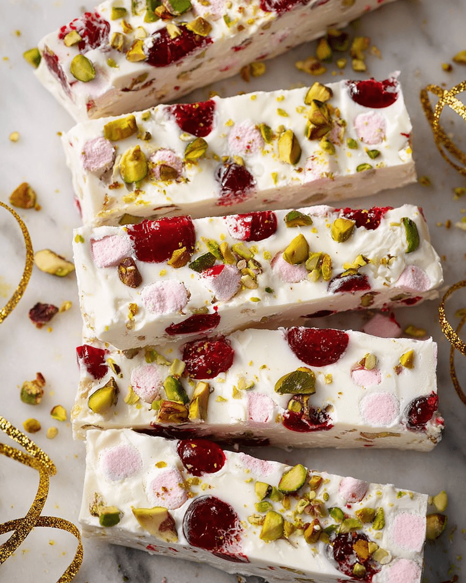 The image shows several long rectangular bars of white rocky road candy, each bar layered with a smooth, creamy white base that has a slightly glossy texture. Scattered evenly throughout the bars are bright red glistening cherries and pale pink marshmallows creating pops of color against the white base. On top, chopped green pistachios are sprinkled generously, adding a rough texture and contrasting color. The bars are placed closely on a white marbled surface, with bits of chopped pistachio and cherry pieces around them. Thin golden ribbon loops lie nearby, adding a festive touch. photo taken with an iphone --ar 4:5 --v 7