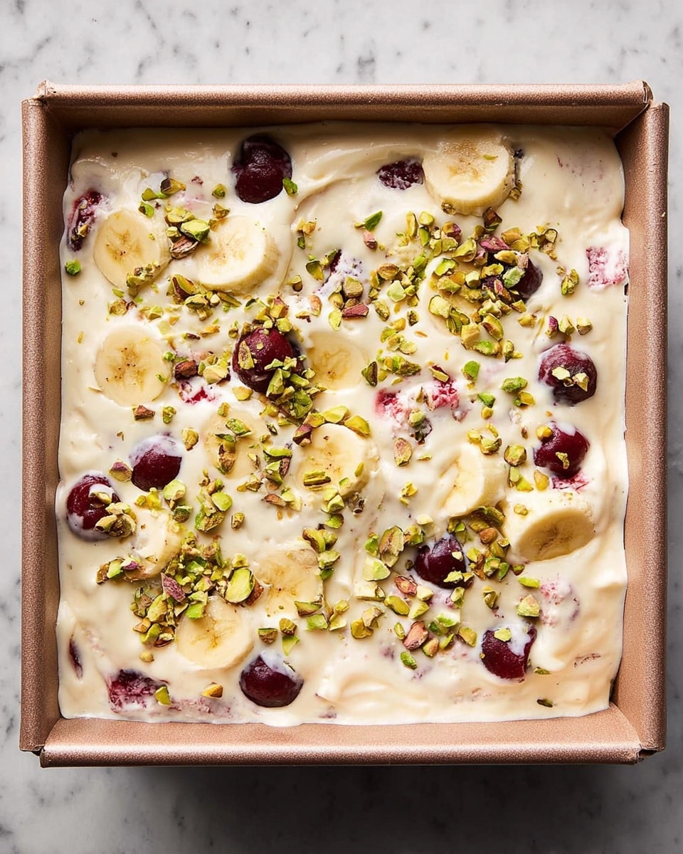 A square baking pan lined with parchment paper holds a creamy dessert with several visible layers. The base layer is covered by a thick, smooth white cream filling that almost entirely covers pieces of fruit, mostly banana slices with their round, pale yellow color showing through. Scattered throughout the cream are bright red cherries, adding color contrast, and the whole top is sprinkled generously with chopped green pistachios, providing texture and a nutty appearance. The pan sits on a white marbled surface. Photo taken with an iphone --ar 4:5 --v 7