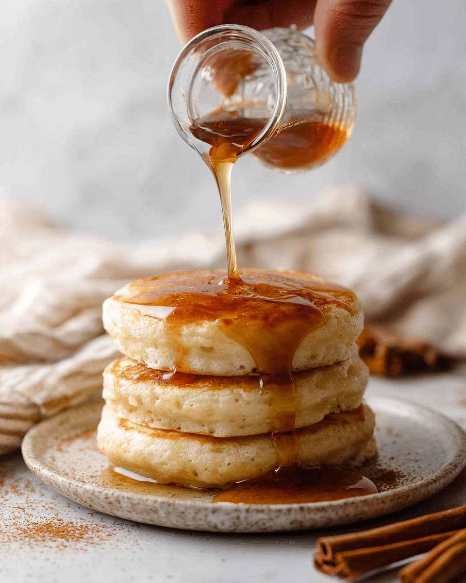 A clear glass bottle with a wide base and narrow neck is filled about three-quarters with a thick light brown liquid that looks smooth with tiny specks. The bottle has a clear glass handle on one side and a clear glass stopper on top with a wooden top. The surface under the bottle is white with a marbled texture, sprinkled lightly with brown powder. In the foreground, two cinnamon sticks lay on the surface to the right of the bottle. A soft, beige and white striped cloth is draped loosely to the left side. In the blurred background, there is a white plate holding a stack of golden brown pancakes. photo taken with an iphone --ar 4:5 --v 7