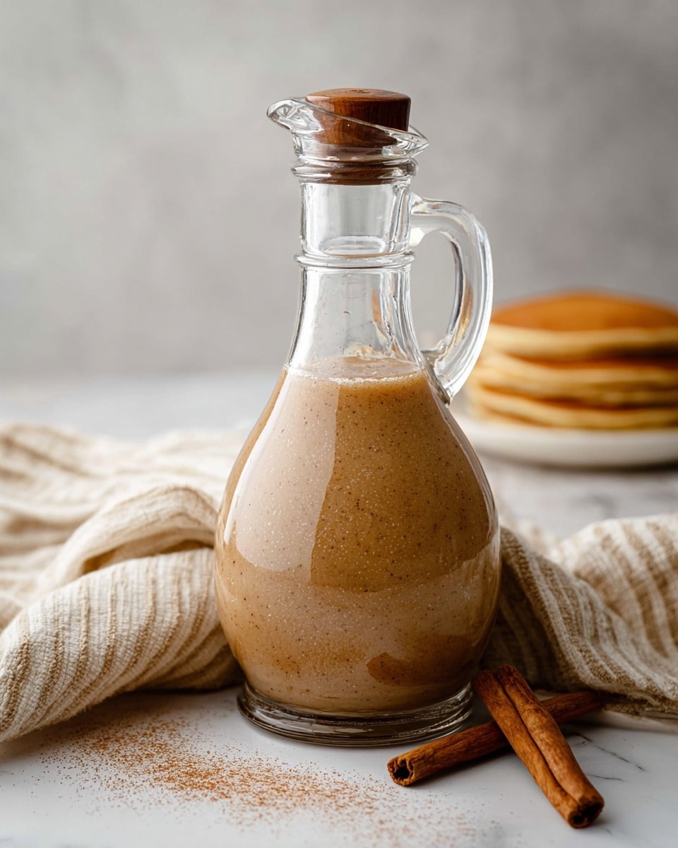 A stack of four thick, soft, light golden pancakes sits on a white plate with a subtle texture. Each pancake shows a smooth, slightly fluffy texture with some air bubbles visible on the sides. A woman's hand is pouring warm, glossy golden-brown syrup from a small clear glass pitcher over the top pancake, with syrup slowly dripping down the sides and pooling slightly on the plate. The background is a soft white marbled texture, and a light beige striped cloth along with some cinnamon sticks lie nearby, adding a cozy, inviting feel. Photo taken with an iphone --ar 4:5 --v 7
