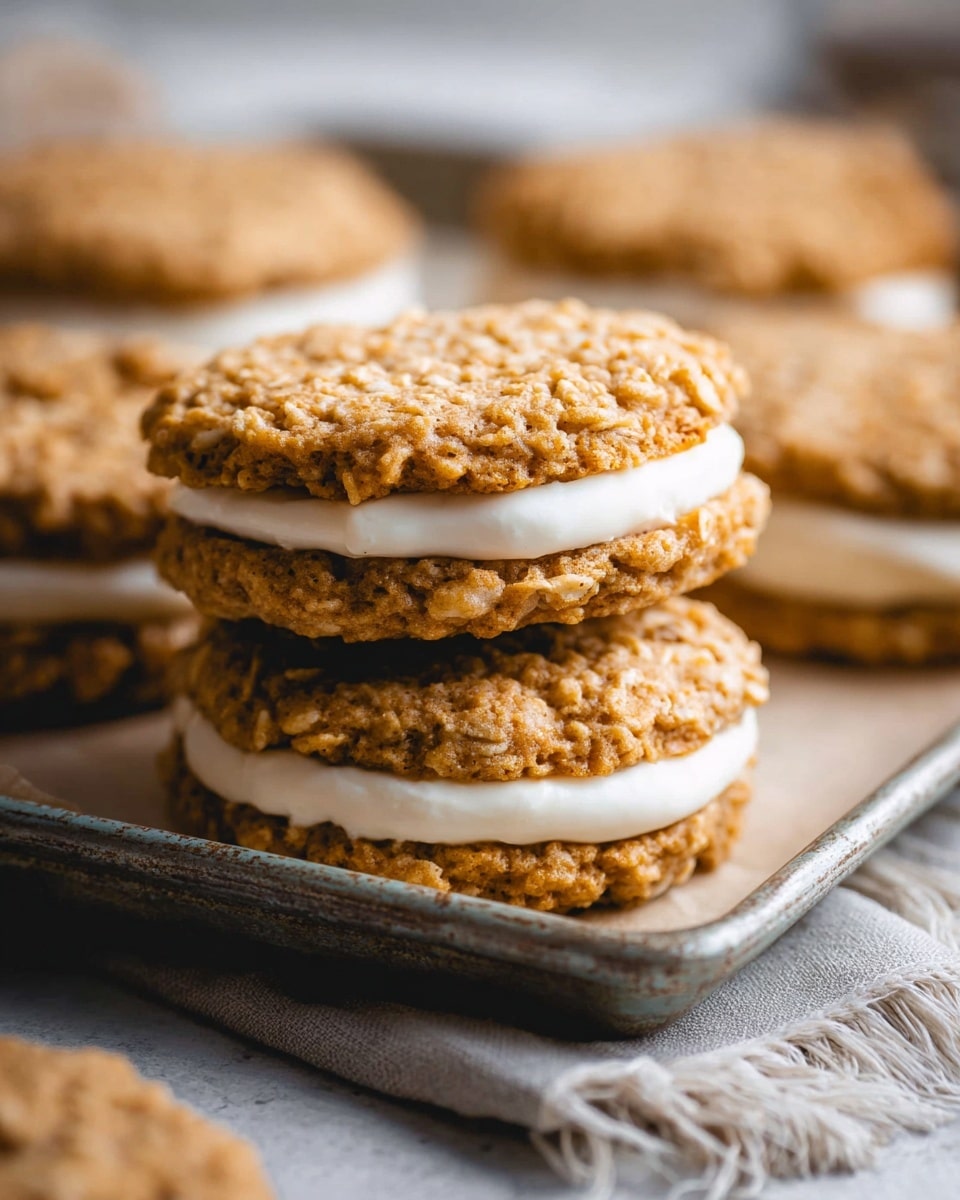 The image shows two oatmeal cream pie sandwiches stacked on a metal tray with a slightly worn look. Each sandwich has three layers: two rough-textured, golden-brown oatmeal cookies with visible oats that look soft but firm, and a smooth, thick layer of white cream filling in the middle. The background features a soft white marbled texture, and in the blurry distance, more cookie sandwiches can be seen. A soft gray cloth with fringe edges is partially visible at the tray’s edge. The lighting is warm and natural, highlighting the texture of the cookies and the cream’s smoothness. Photo taken with an iphone --ar 4:5 --v 7
