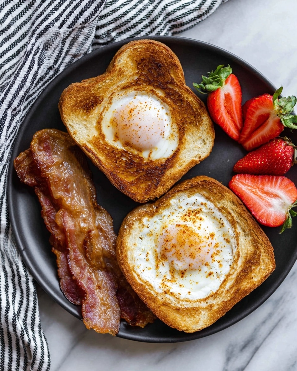 A dark round plate holds two thick slices of toasted white bread, each with a fried egg cooked in the center, showing crispy golden edges and white centers with some browning. To the side, there are four strips of cooked bacon with a slightly shiny, crispy texture in shades of brown and pink. Next to the bread and bacon, three halved strawberries reveal their bright red insides and fresh green stems. The plate sits on a white marbled surface with a black and white striped cloth partially visible on the left. Photo taken with an iphone --ar 4:5 --v 7