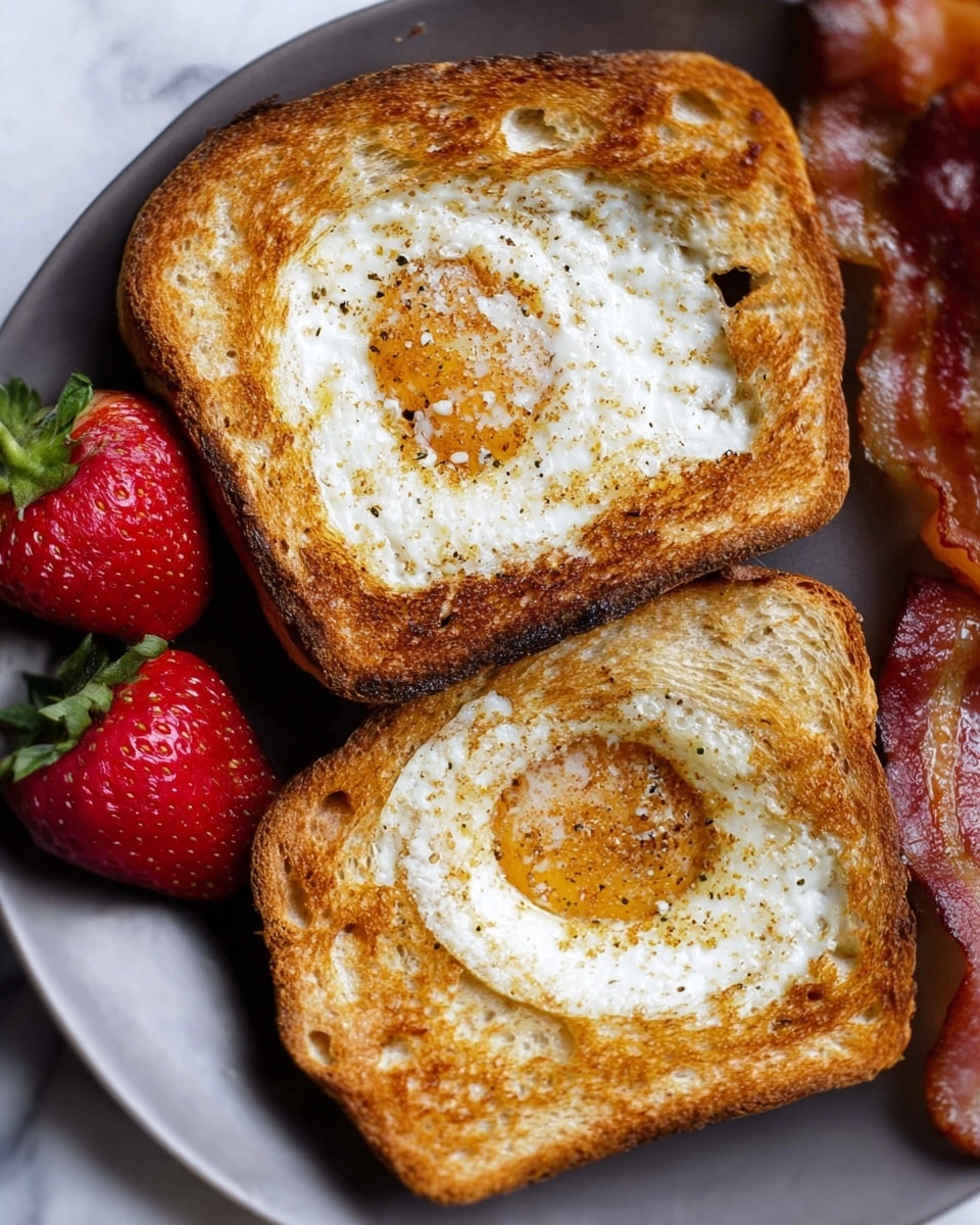 The image shows two slices of toasted bread, each with a fried egg cooked into the center, the eggs are golden and slightly crispy around the edges with white, soft centers. One slice is slightly in front of the other, both resting on a white plate. To the left side of the plate are two halved red strawberries with green tops. On the right side of the plate, a few slices of cooked bacon with a reddish-brown color are partially visible. The plate is set on a white marbled surface. photo taken with an iphone --ar 4:5 --v 7