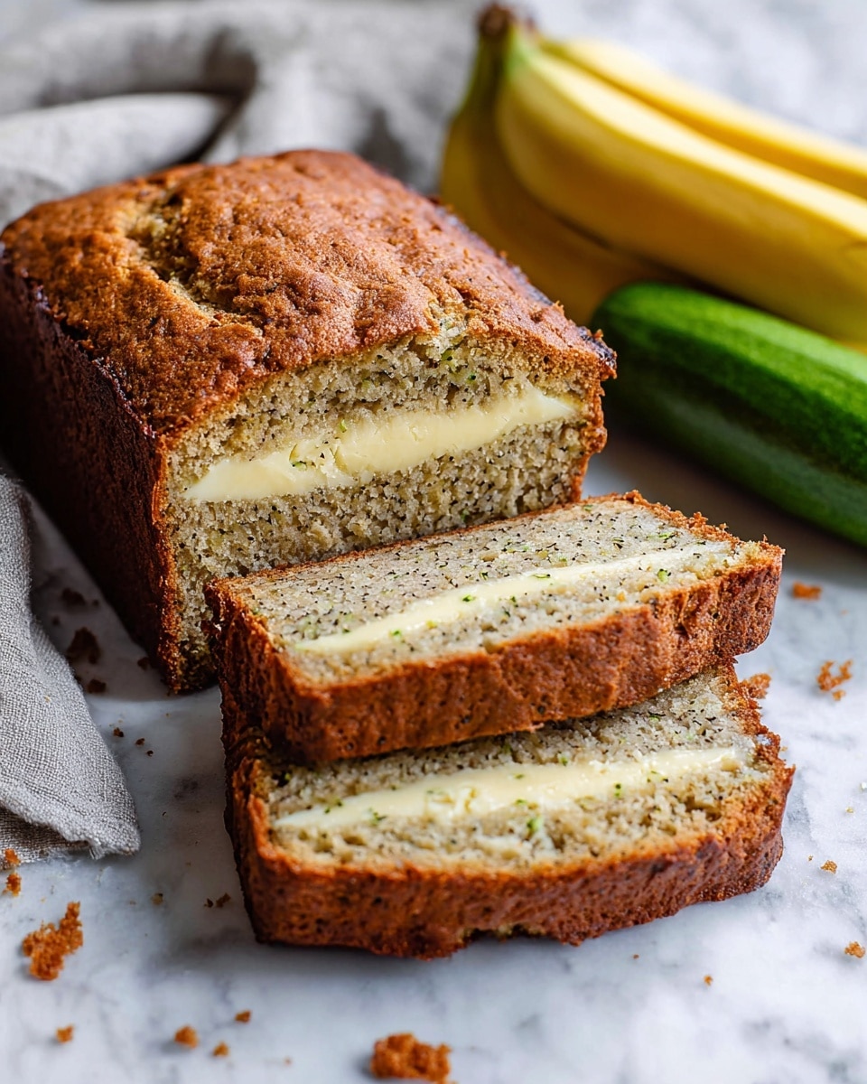 The image shows a loaf of zucchini bread sliced into eight pieces, stacked loosely on a black wire rack. Each slice has two main layers: a moist brownish-green zucchini bread layer with tiny green flecks, topped by a creamy, smooth, pale yellow cheesecake layer that sits in the middle of the loaf horizontally. To the left of the rack, three ripe yellow bananas rest on a soft, light gray fabric napkin with a wooden-handled knife partially visible nearby. On the right side of the loaf, two fresh green zucchinis lie beside the wire rack. The whole scene is set on a white marbled textured surface. photo taken with an iphone --ar 4:5 --v 7