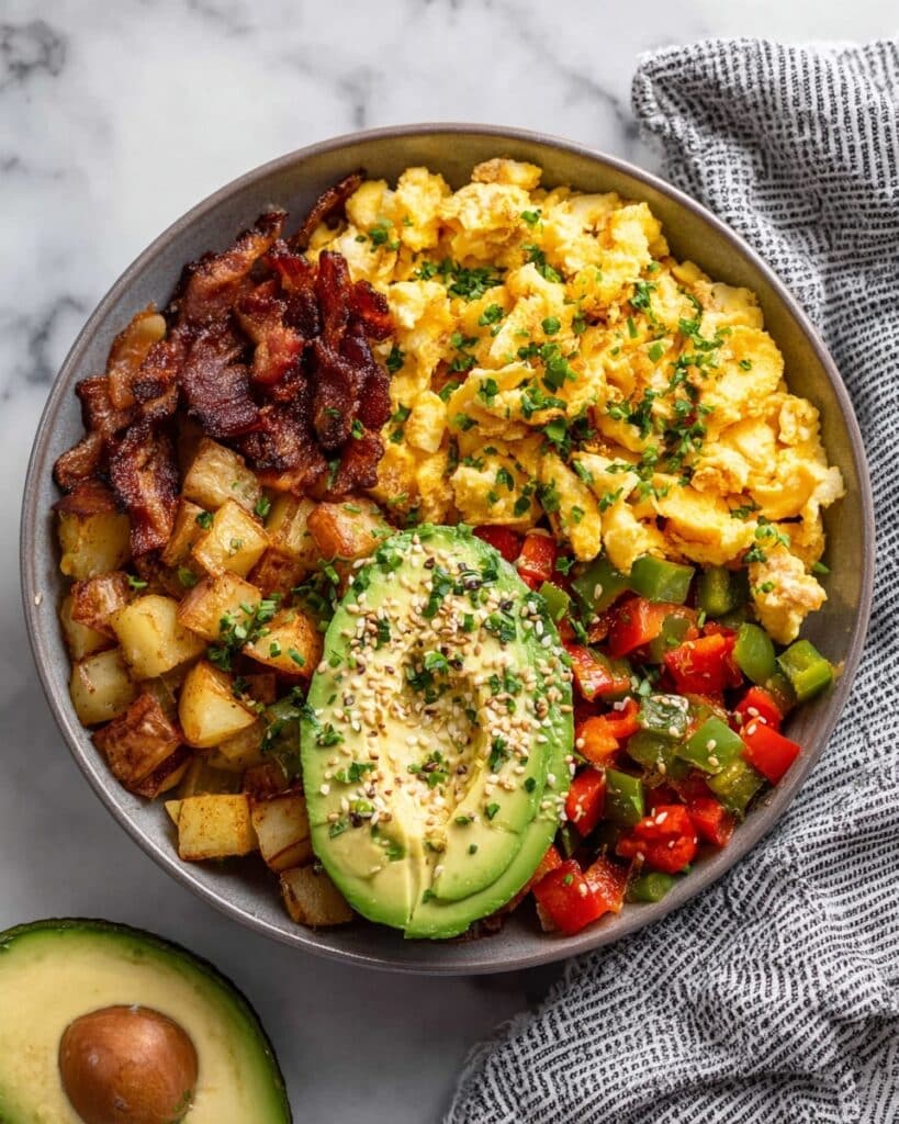 Breakfast Bowl with Hash Browns, Bacon, Veggies, and Melted Mexican Cheese Recipe