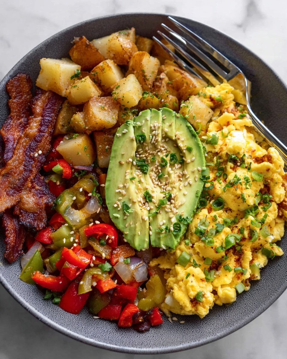 A gray bowl filled with five main sections layered side by side: on the left, crispy brown bacon; next to it, light golden diced potatoes; at the center, a halved avocado with bright green flesh sprinkled with sesame seeds and small green herbs; to the right of the avocado, colorful cooked vegetables including red and green bell peppers and onions; and on the far right, fluffy yellow scrambled eggs with green chopped herbs sprinkled on top. A silver fork rests in the egg section. The bowl is on a white marbled surface. photo taken with an iphone --ar 4:5 --v 7