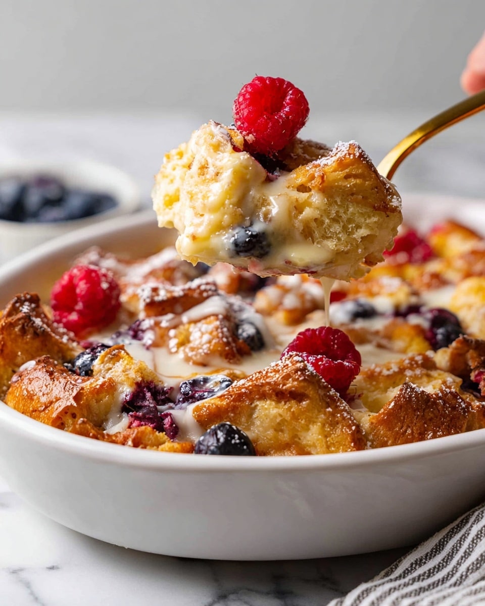 The image shows a white oval dish filled with a bread pudding dessert made of golden brown, slightly crispy bread pieces layered with fresh red raspberries and small dark blueberries throughout. The top is drizzled with a white glaze in thin lines and dusted lightly with powdered sugar, creating a soft contrast on the warm bread. A golden spoon scoops out a portion from the side, revealing a creamy, pale yellow custard-like layer beneath the crispy top, with berries embedded inside. Nearby is a small white bowl filled with more fresh raspberries and blueberries, all placed on a white marbled surface with a gray and white striped cloth beside the dish. photo taken with an iphone --ar 4:5 --v 7