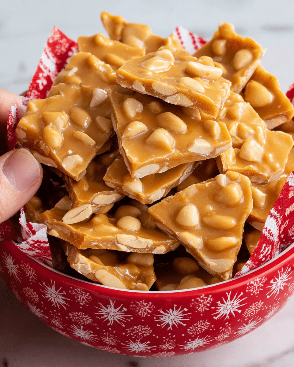 The image shows a close-up of peanut brittle pieces stacked in a festive red bowl with white snowflake and dot patterns. Each peanut brittle piece is a golden brown shade with a shiny, smooth, and slightly glossy surface, embedded with whole and halved pale yellow peanuts. The brittle pieces vary in irregular square and triangular shapes, forming a rough pile that fills the bowl. The bowl sits on a white marbled surface, and a woman's hand is seen lightly touching one piece at the edge. photo taken with an iphone --ar 4:5 --v 7
