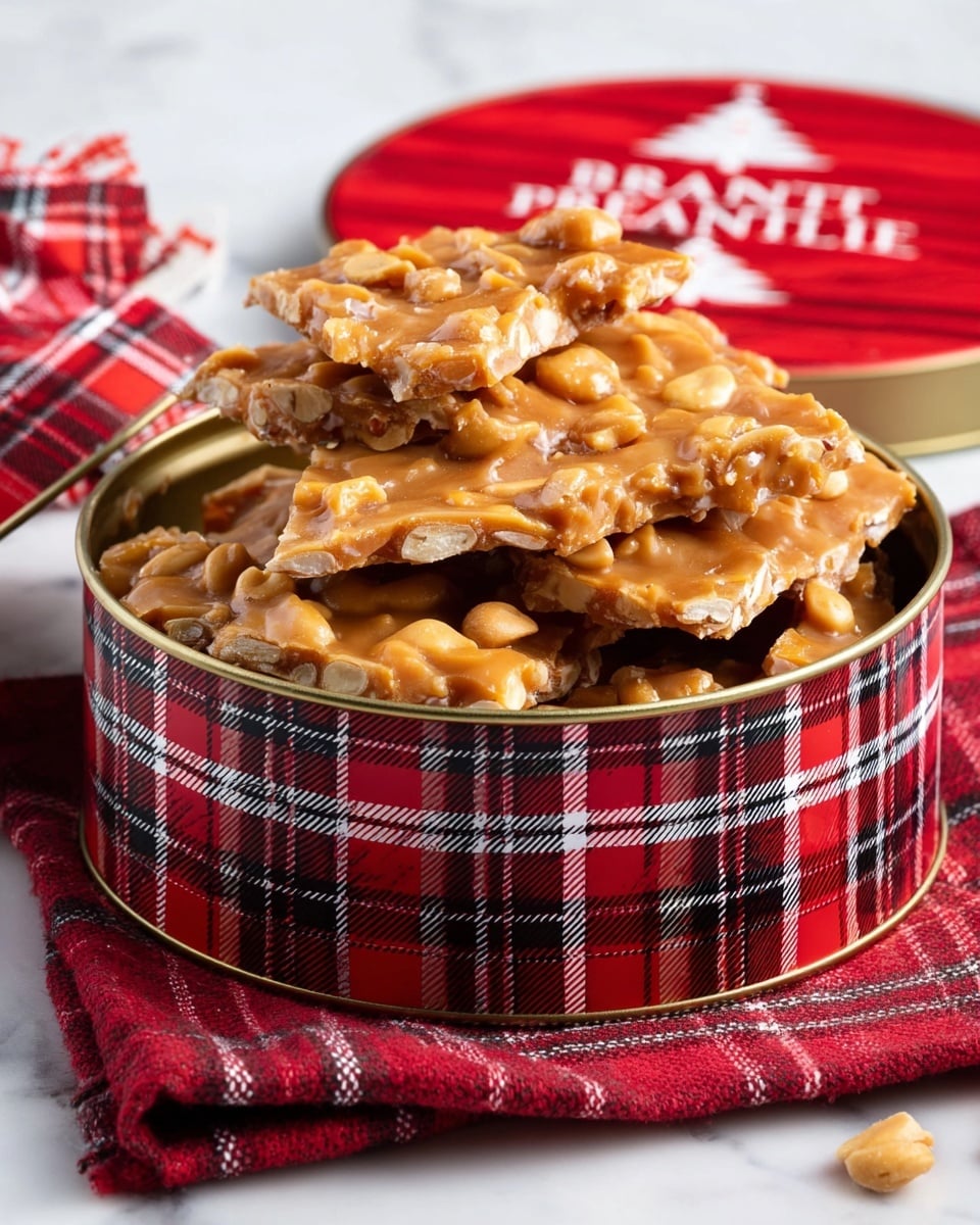 A round tin with a red and black plaid pattern is filled with irregularly shaped peanut brittle pieces. The peanut brittle is golden brown with visible whole and broken peanuts embedded, showing a glossy texture from the caramelized sugar. The brittle pieces are stacked unevenly, filling the tin close to the top. The tin rests on a red plaid cloth on a white marbled surface. Nearby, there are gift tags with holiday designs and the tin's matching lid is partially visible. Photo taken with an iphone --ar 4:5 --v 7