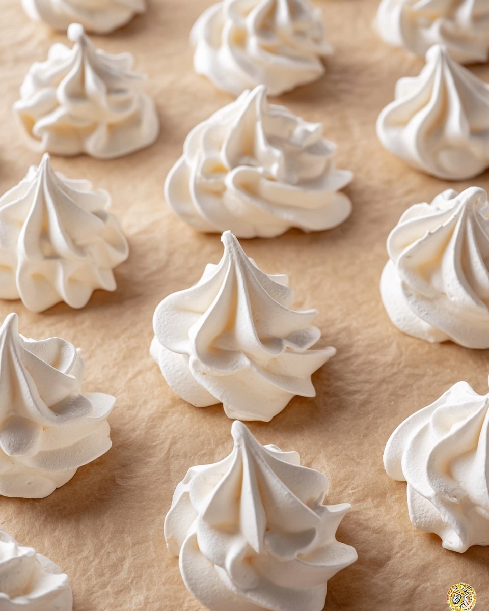 The image shows many small meringue cookies placed on light brown parchment paper. Each meringue is shaped like a swirl with soft spikes on top and has a smooth, creamy white texture. The cookies are evenly spread across the paper, showing their delicate and airy form with some shadows giving a slight depth between each piece. The background is changed to a white marbled texture. photo taken with an iphone --ar 4:5 --v 7