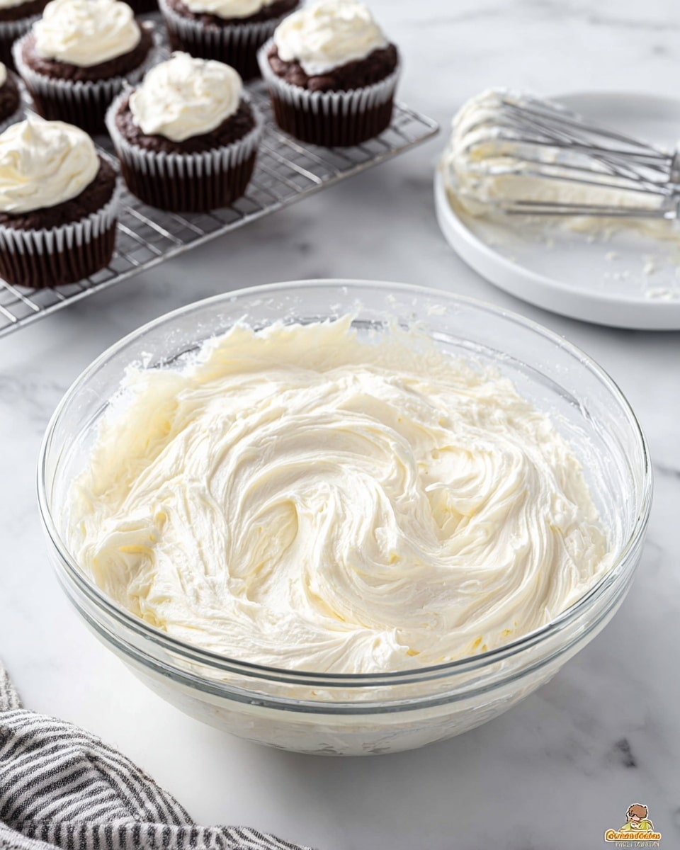 A clear glass bowl filled with a thick, creamy white mixture that has soft, swirled peaks and smooth texture, sitting on a white marbled surface. To the back left, there are five chocolate cupcakes with crackled tops still in their white paper liners on a cooling rack. At the back right, a small white plate holds two metal beaters covered with more of the creamy mixture. A striped cloth is partially visible at the bottom left corner of the image. photo taken with an iphone --ar 4:5 --v 7